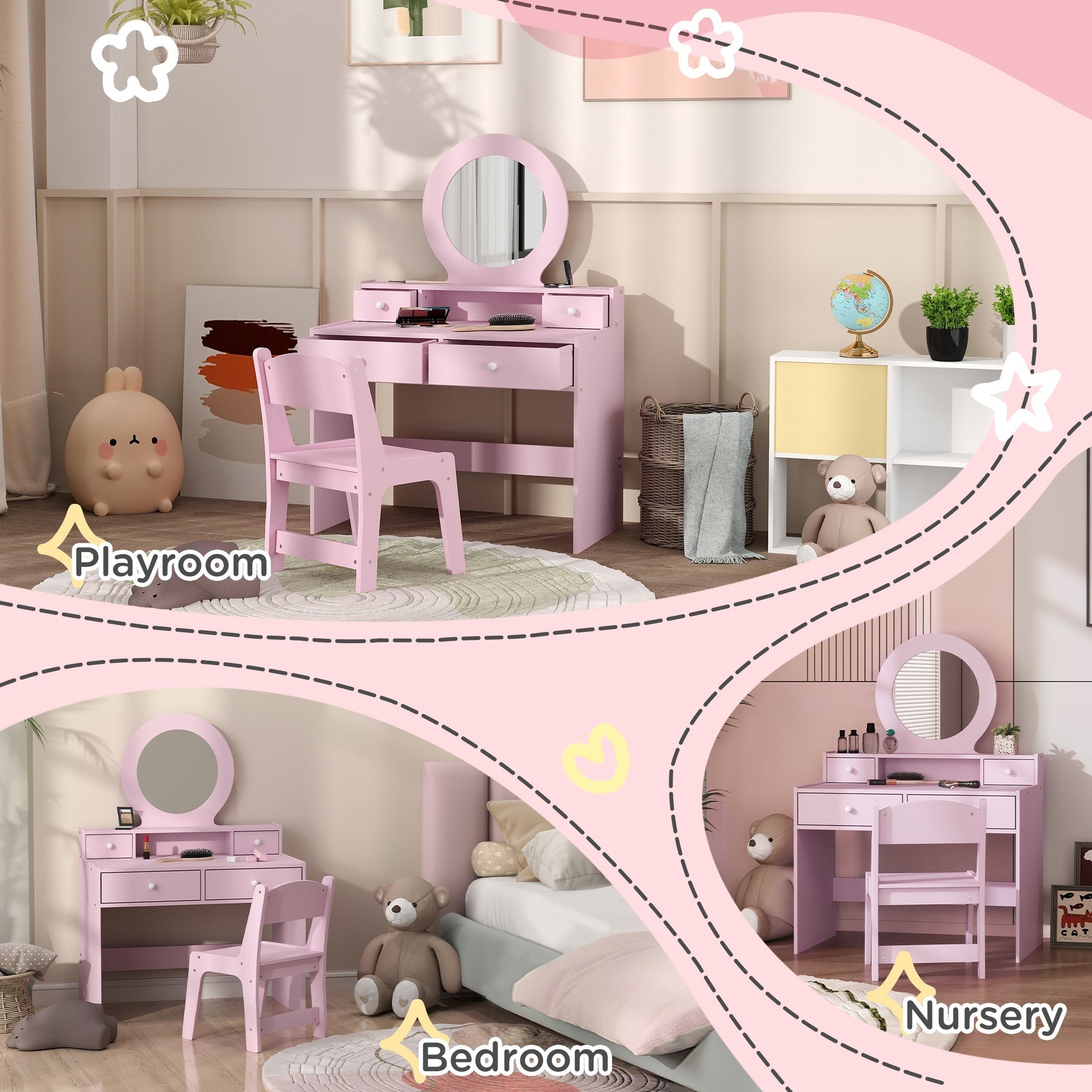 AIYAPLAY Kids Dressing Table Set Kids Make up Table with Stool and Mirror, Storage Drawers, Gift for Aged 3-8 | Luxury Home Accessories | Heulog Glow