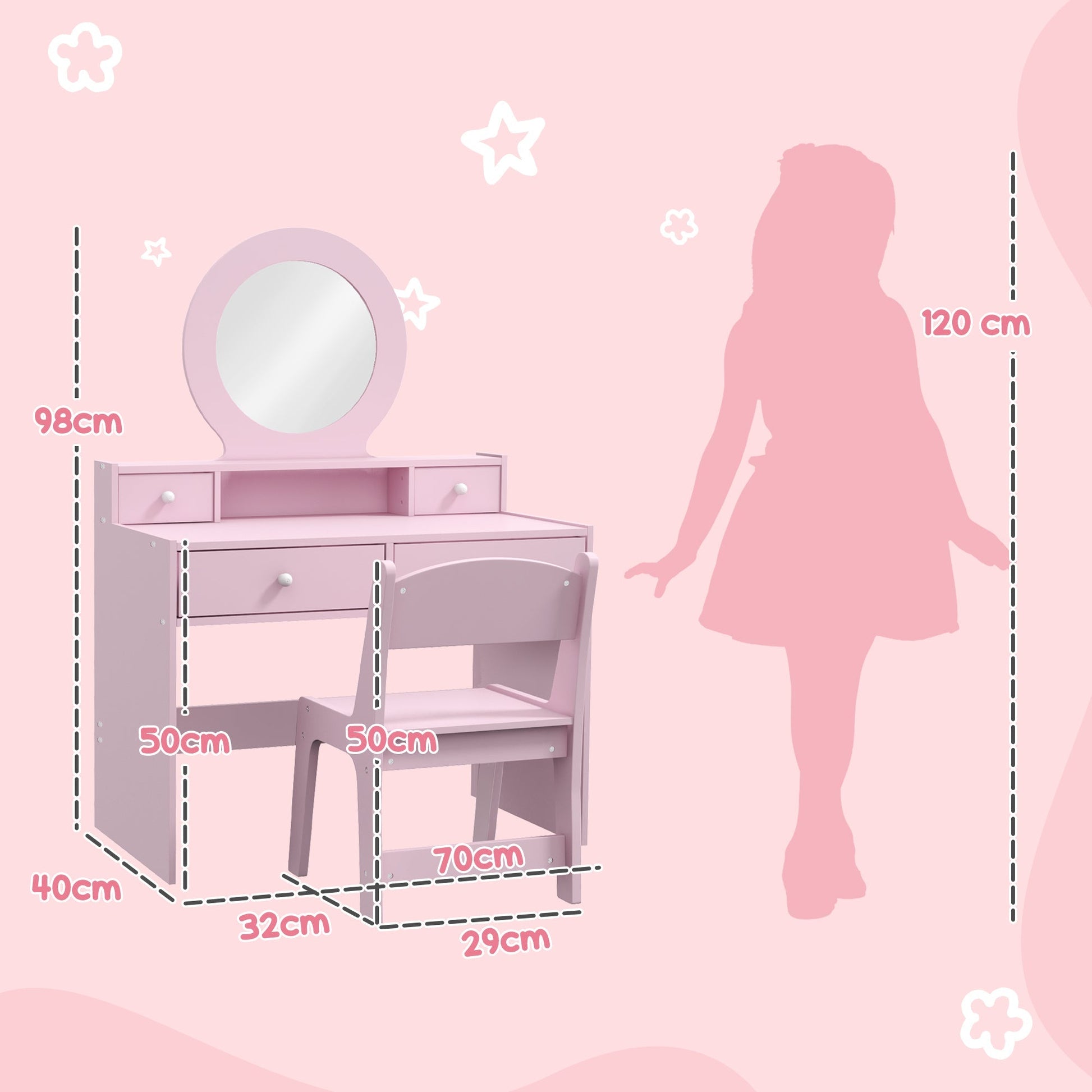 AIYAPLAY Kids Dressing Table Set Kids Make up Table with Stool and Mirror, Storage Drawers, Gift for Aged 3-8 | Luxury Home Accessories | Heulog Glow