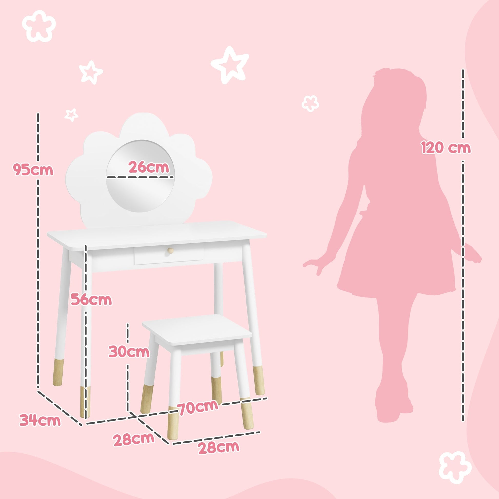 AIYAPLAY Kids Dressing Table with Mirror, Stool, Drawer, Cloud Design, White | Luxury Home Accessories | Heulog Glow