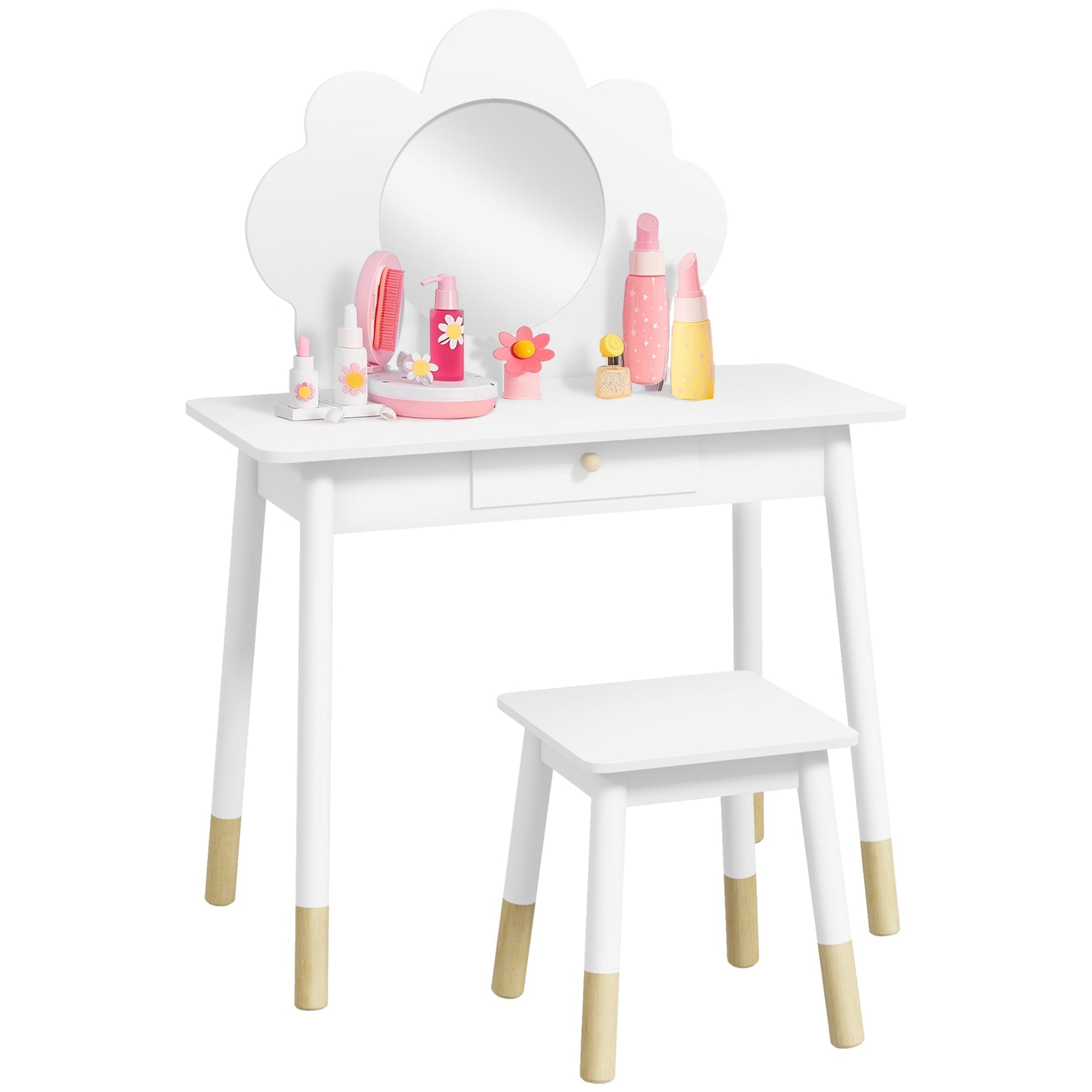AIYAPLAY Kids Dressing Table with Mirror, Stool, Drawer, Cloud Design, White | Luxury Home Accessories | Heulog Glow