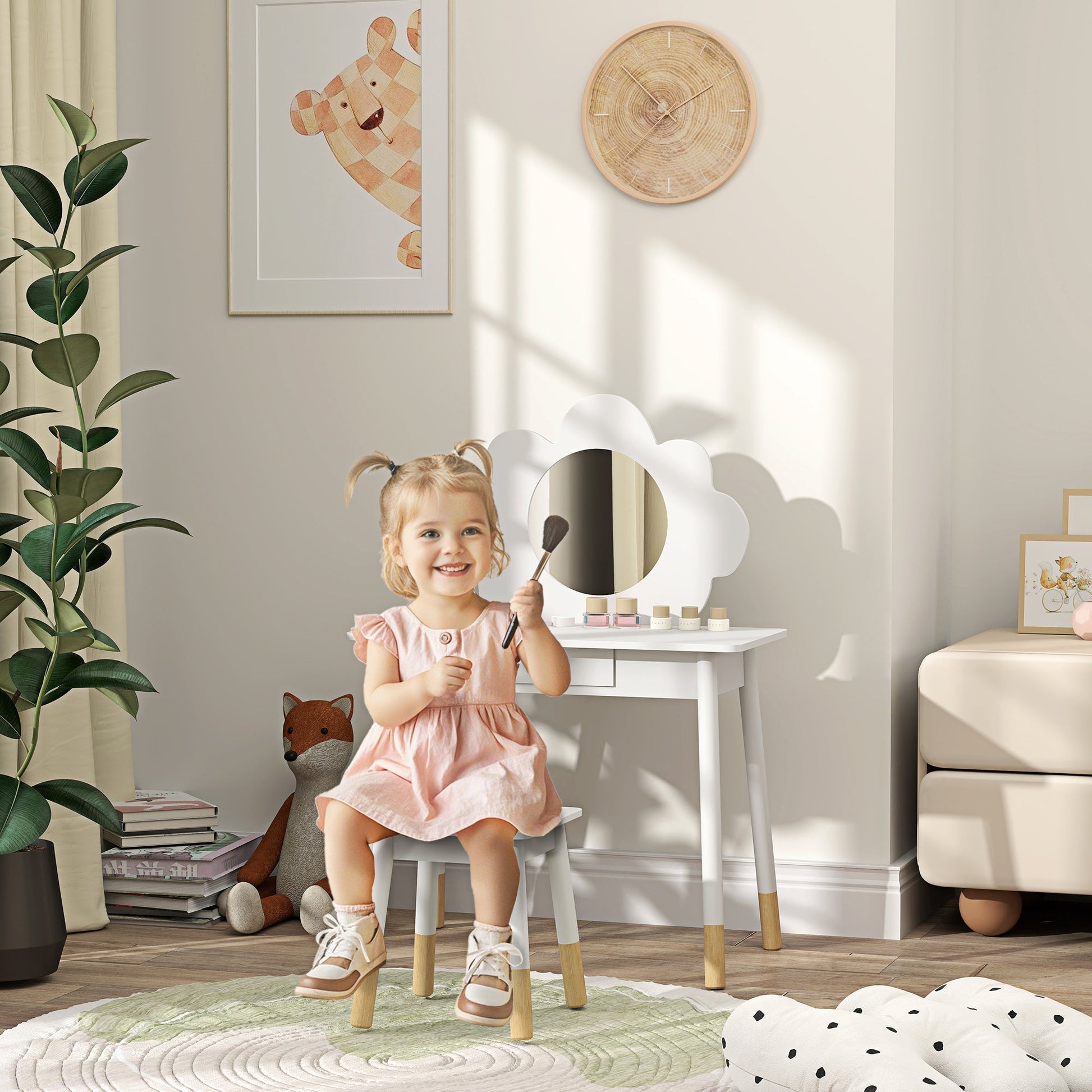 AIYAPLAY Kids Dressing Table with Mirror, Stool, Drawer, Cloud Design, White | Luxury Home Accessories | Heulog Glow