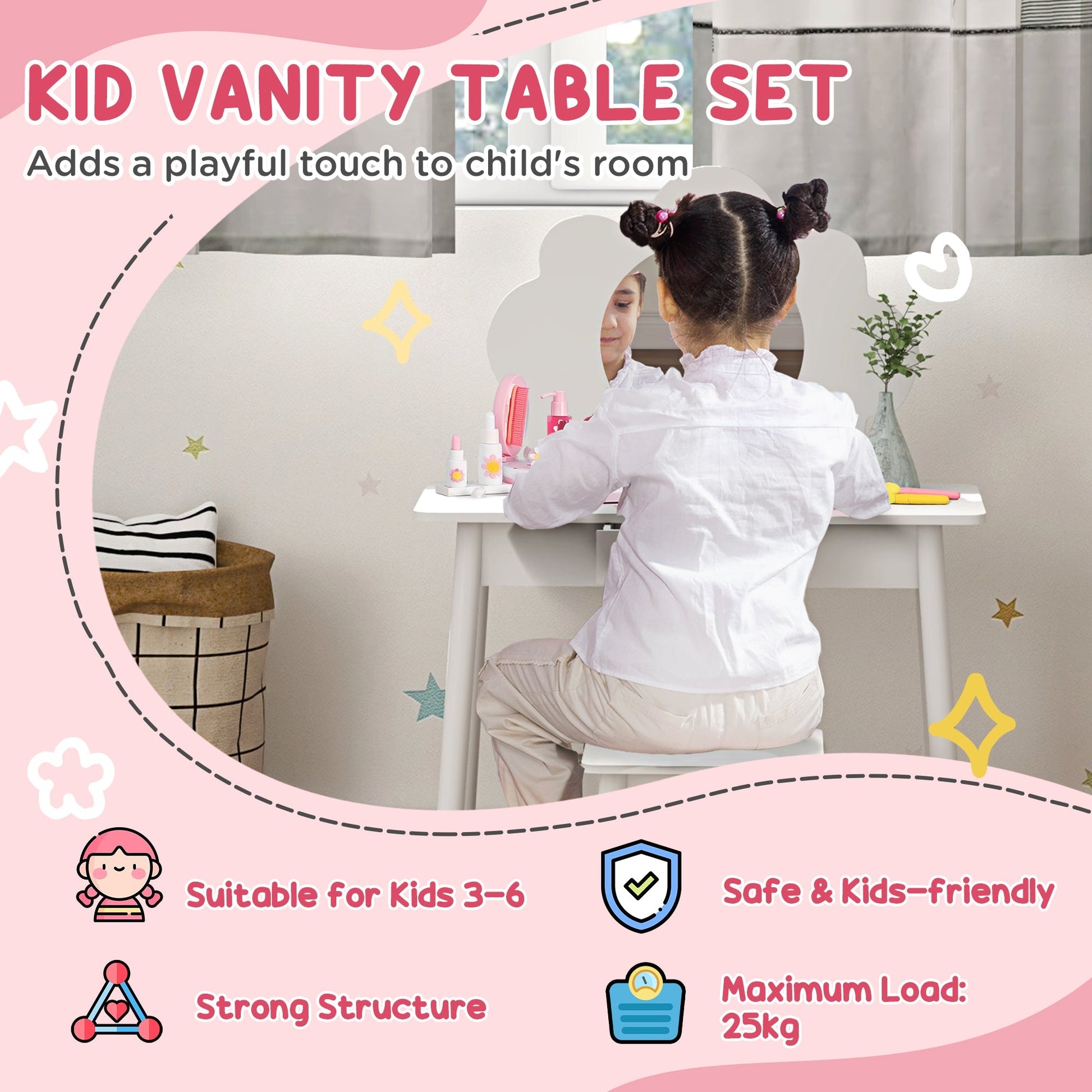 AIYAPLAY Kids Dressing Table with Mirror, Stool, Drawer, Cloud Design, White | Luxury Home Accessories | Heulog Glow