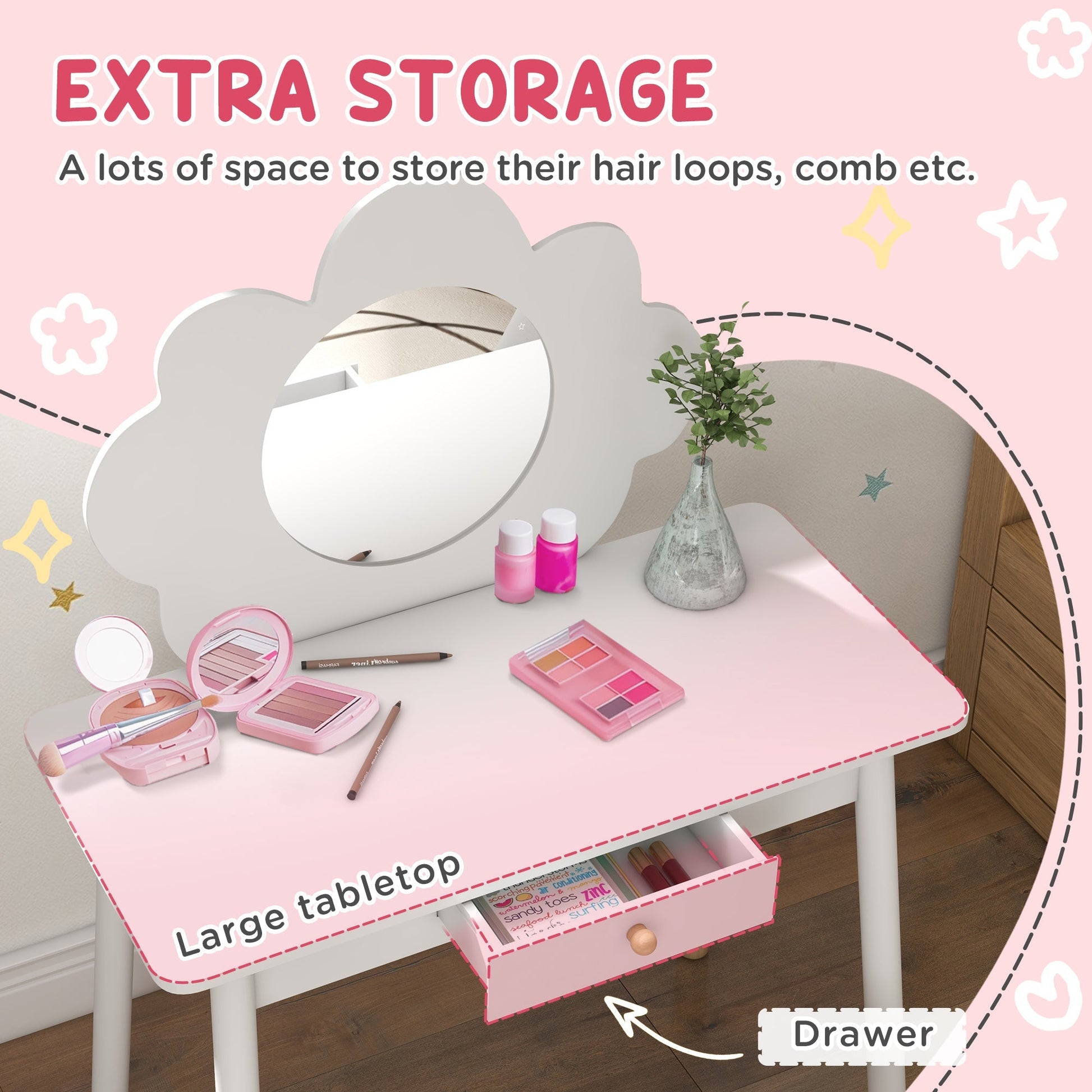 AIYAPLAY Kids Dressing Table with Mirror, Stool, Drawer, Cloud Design, White | Luxury Home Accessories | Heulog Glow