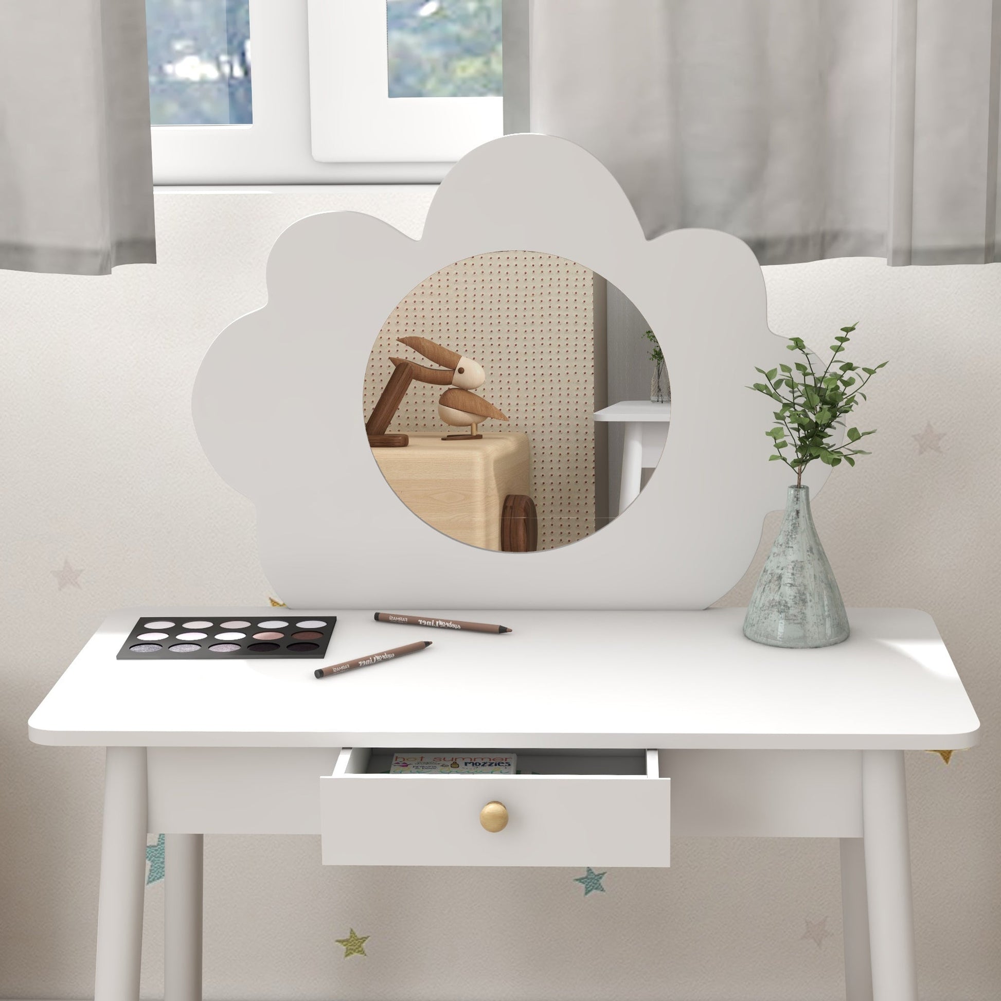 AIYAPLAY Kids Dressing Table with Mirror, Stool, Drawer, Cloud Design, White | Luxury Home Accessories | Heulog Glow