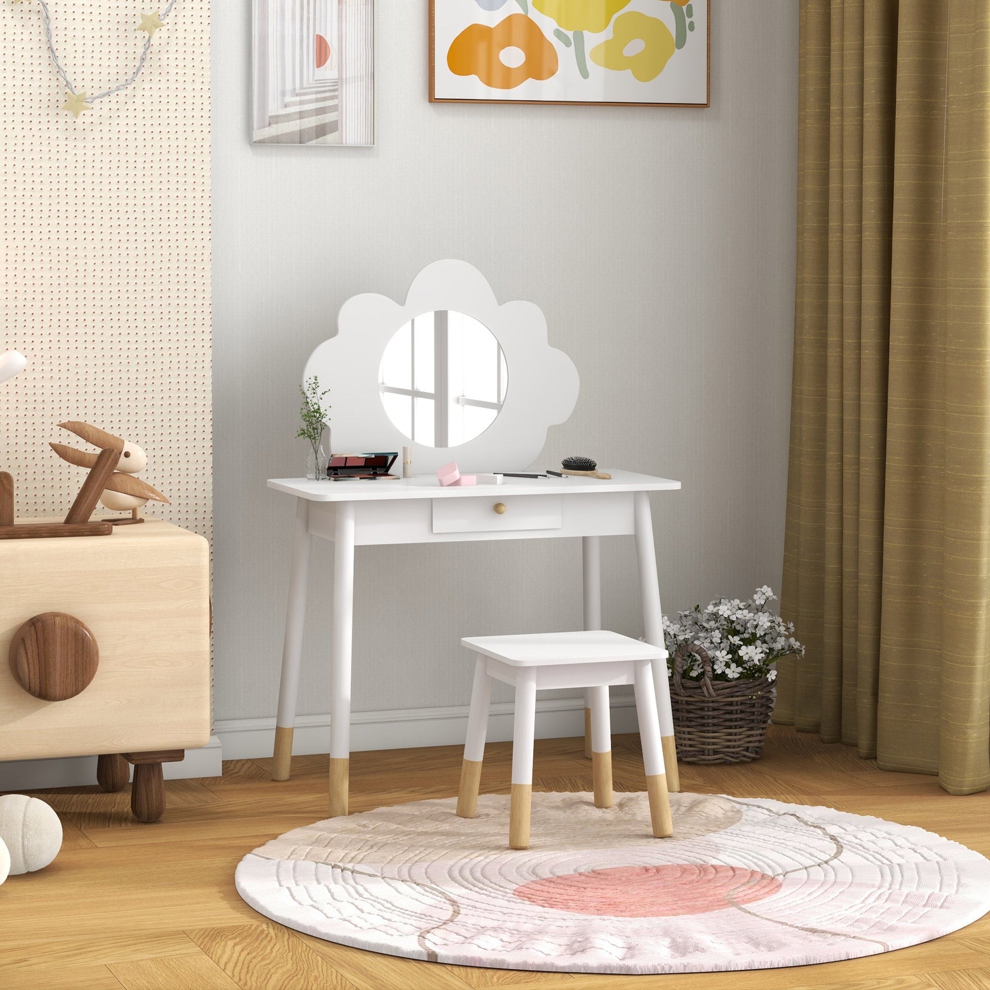 AIYAPLAY Kids Dressing Table with Mirror, Stool, Drawer, Cloud Design, White | Luxury Home Accessories | Heulog Glow