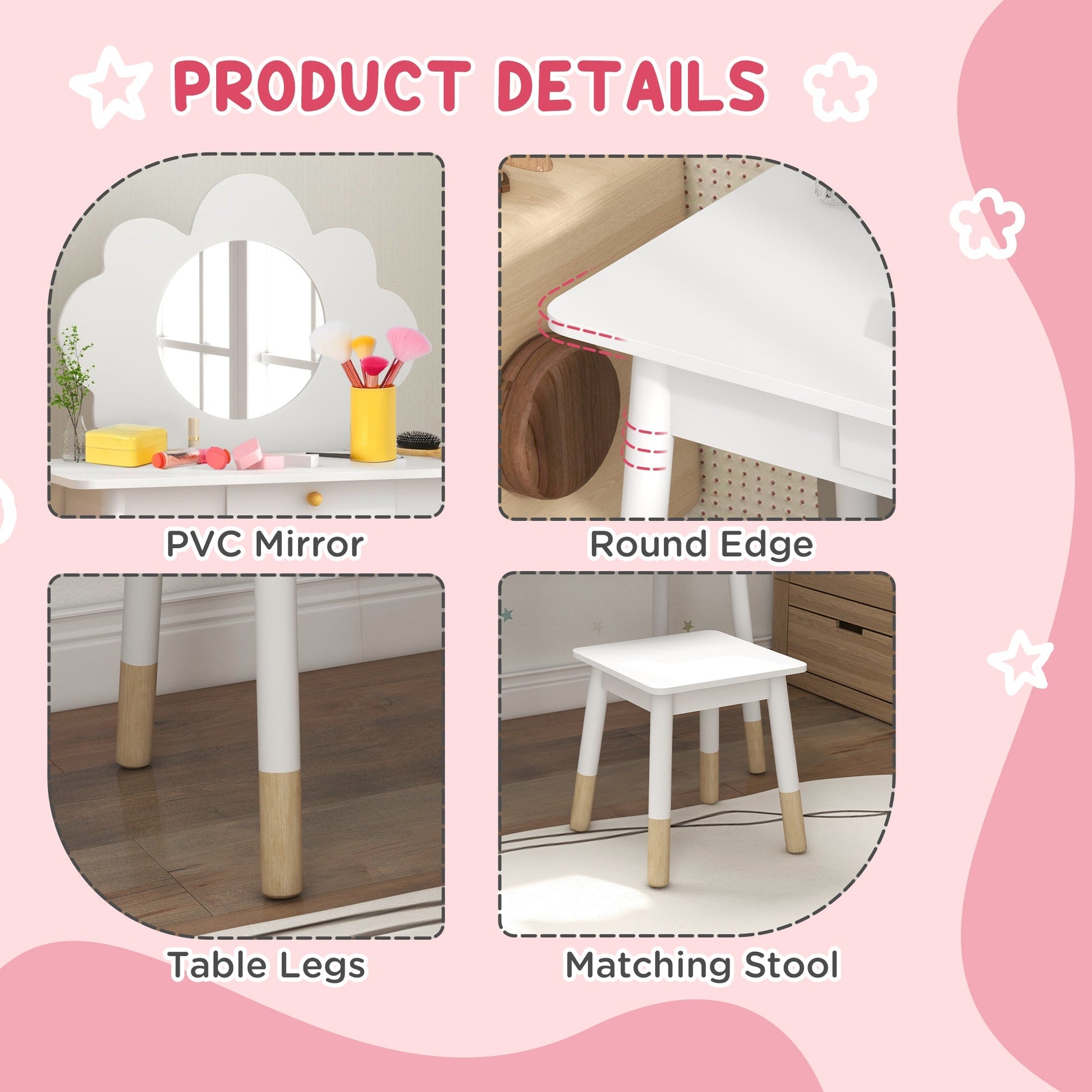 AIYAPLAY Kids Dressing Table with Mirror, Stool, Drawer, Cloud Design, White | Luxury Home Accessories | Heulog Glow