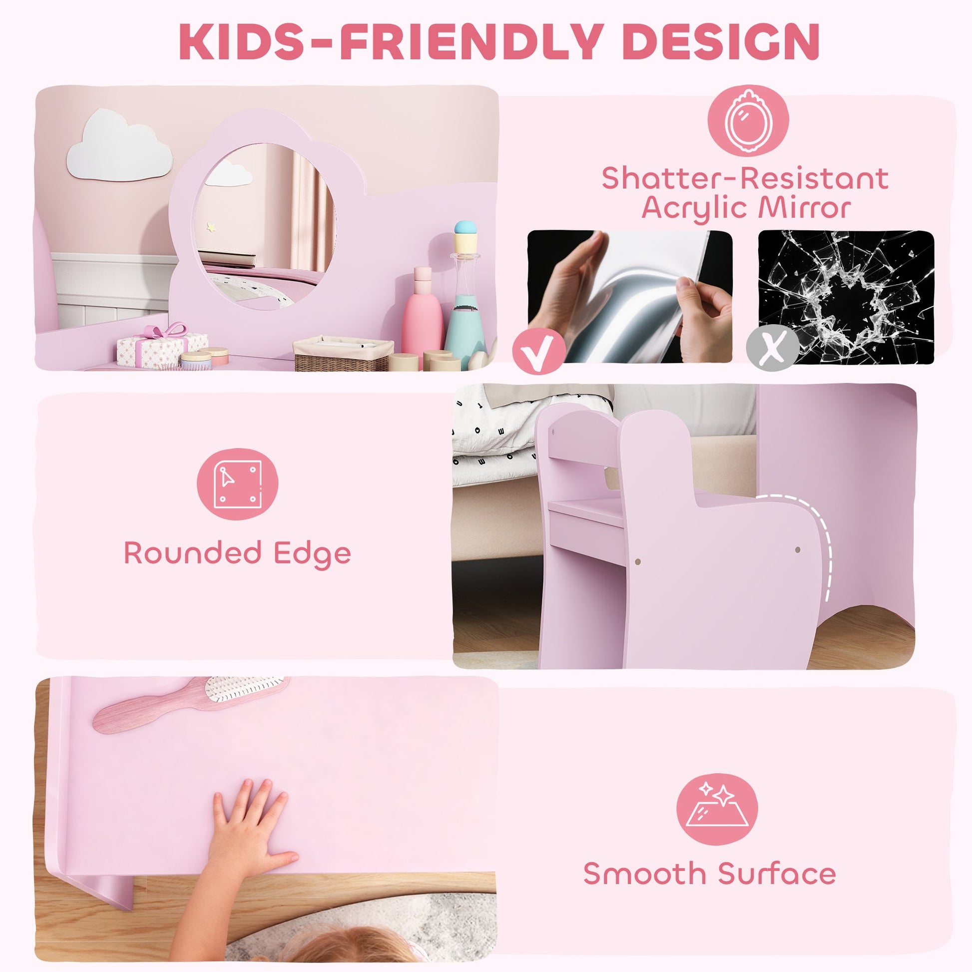 AIYAPLAY Kids Dressing Table with Mirror, Stool, Kids Vanity Table with Shelves, for Ages 3-8 Years, Purple | Luxury Home Accessories | Heulog Glow