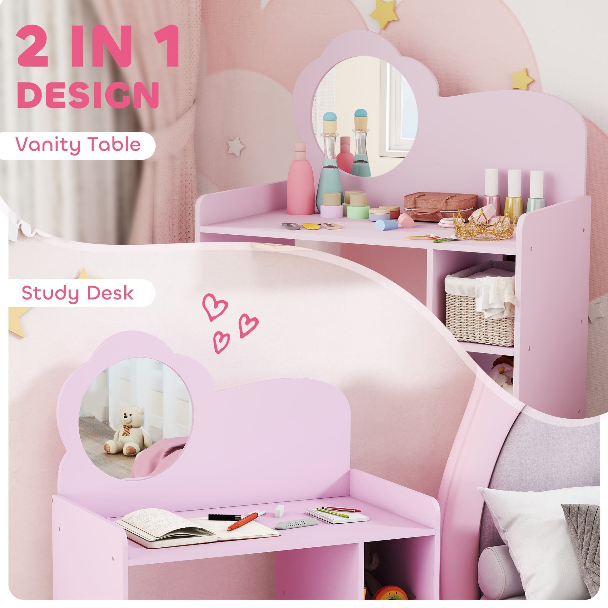 AIYAPLAY Kids Dressing Table with Mirror, Stool, Kids Vanity Table with Shelves, for Ages 3-8 Years, Purple | Luxury Home Accessories | Heulog Glow