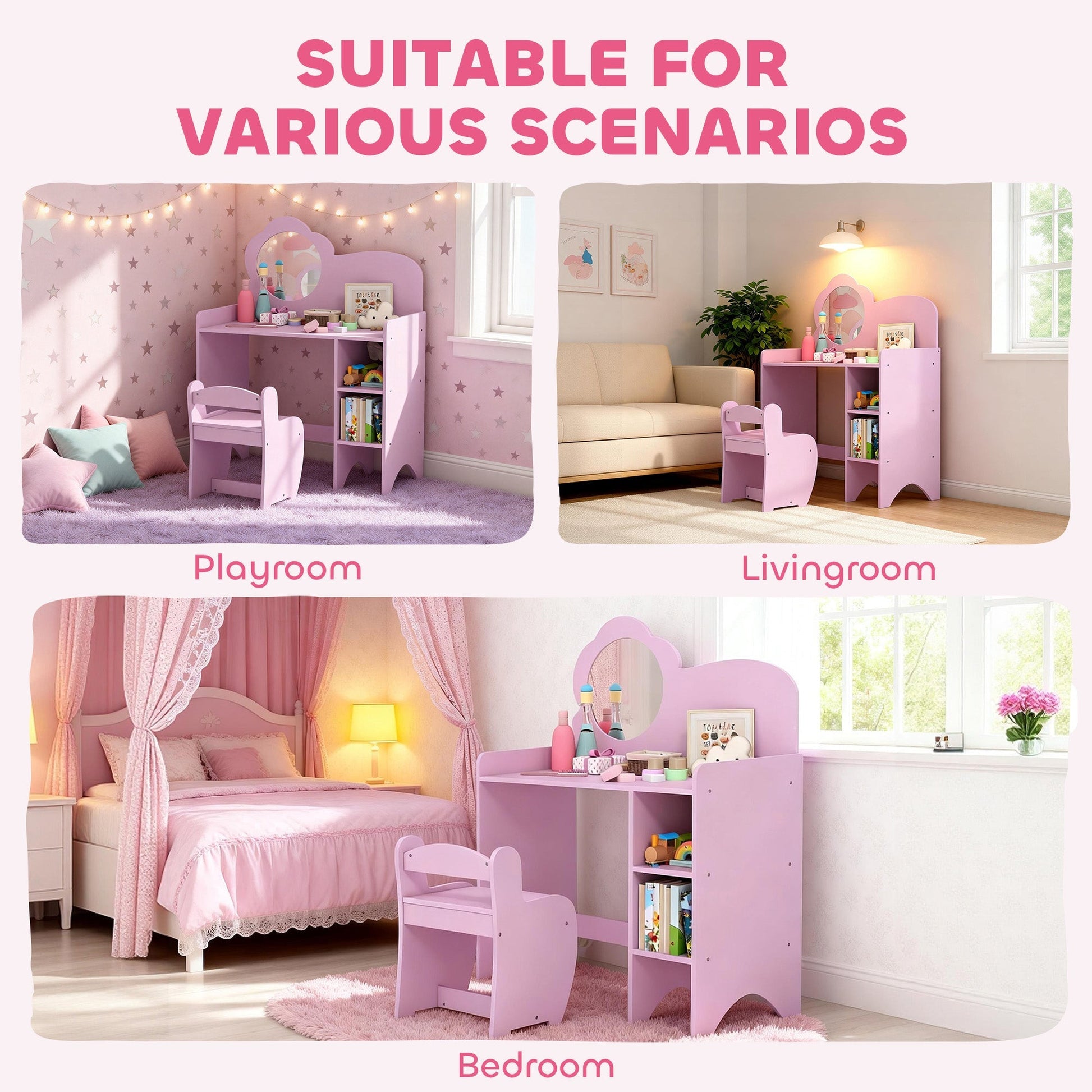 AIYAPLAY Kids Dressing Table with Mirror, Stool, Kids Vanity Table with Shelves, for Ages 3-8 Years, Purple | Luxury Home Accessories | Heulog Glow
