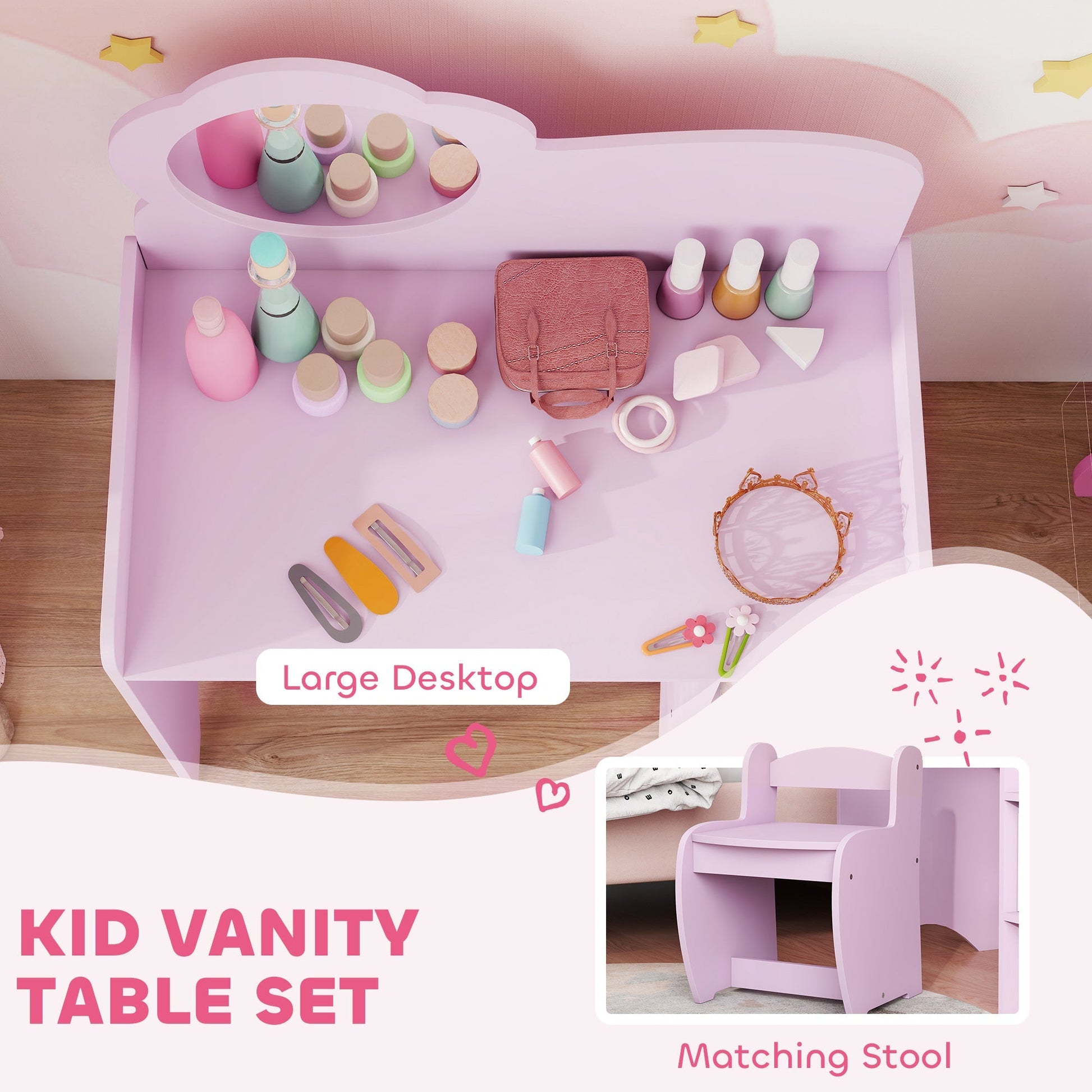 AIYAPLAY Kids Dressing Table with Mirror, Stool, Kids Vanity Table with Shelves, for Ages 3-8 Years, Purple | Luxury Home Accessories | Heulog Glow