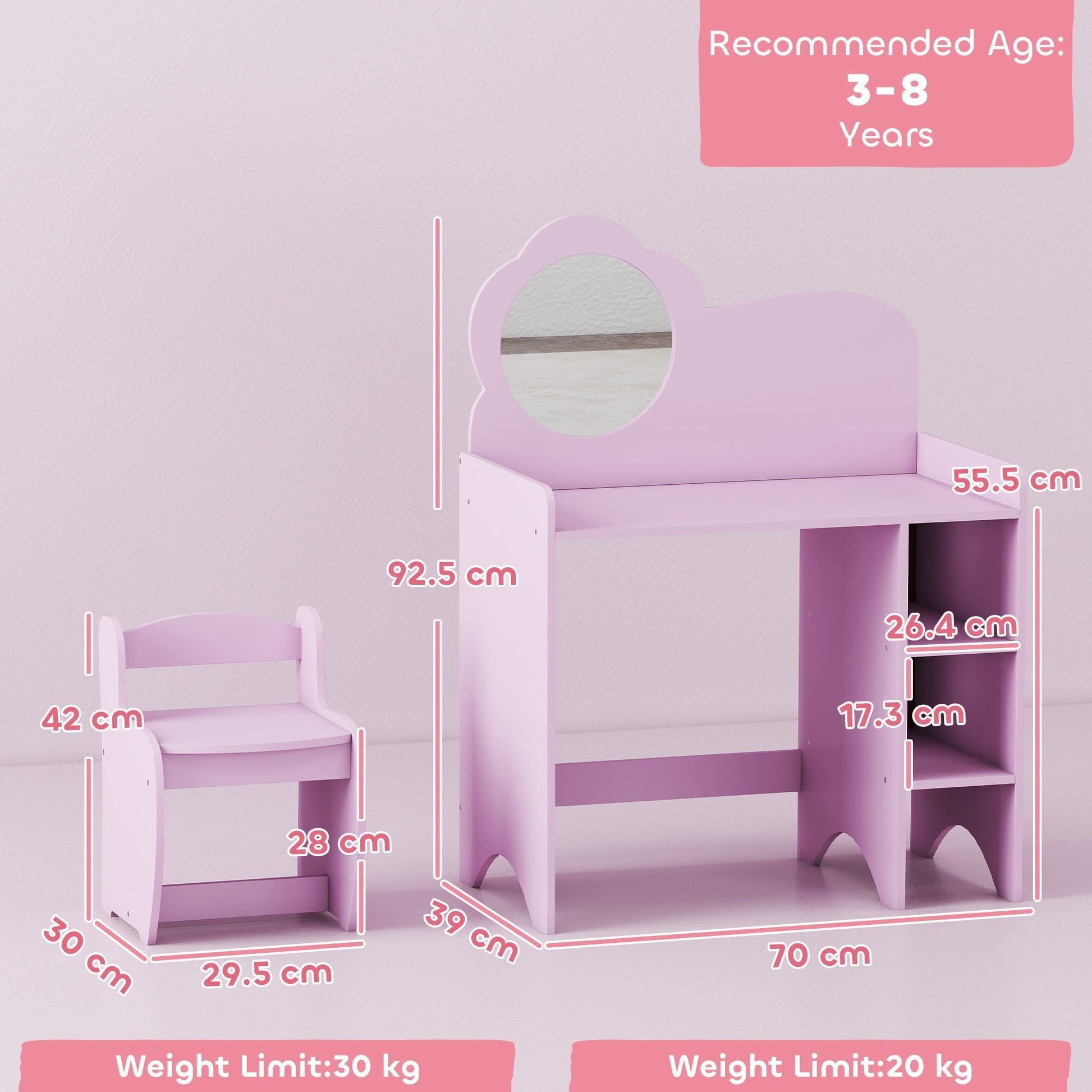 AIYAPLAY Kids Dressing Table with Mirror, Stool, Kids Vanity Table with Shelves, for Ages 3-8 Years, Purple | Luxury Home Accessories | Heulog Glow