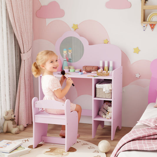 AIYAPLAY Kids Dressing Table with Mirror, Stool, Kids Vanity Table with Shelves, for Ages 3-8 Years, Purple | Luxury Home Accessories | Heulog Glow