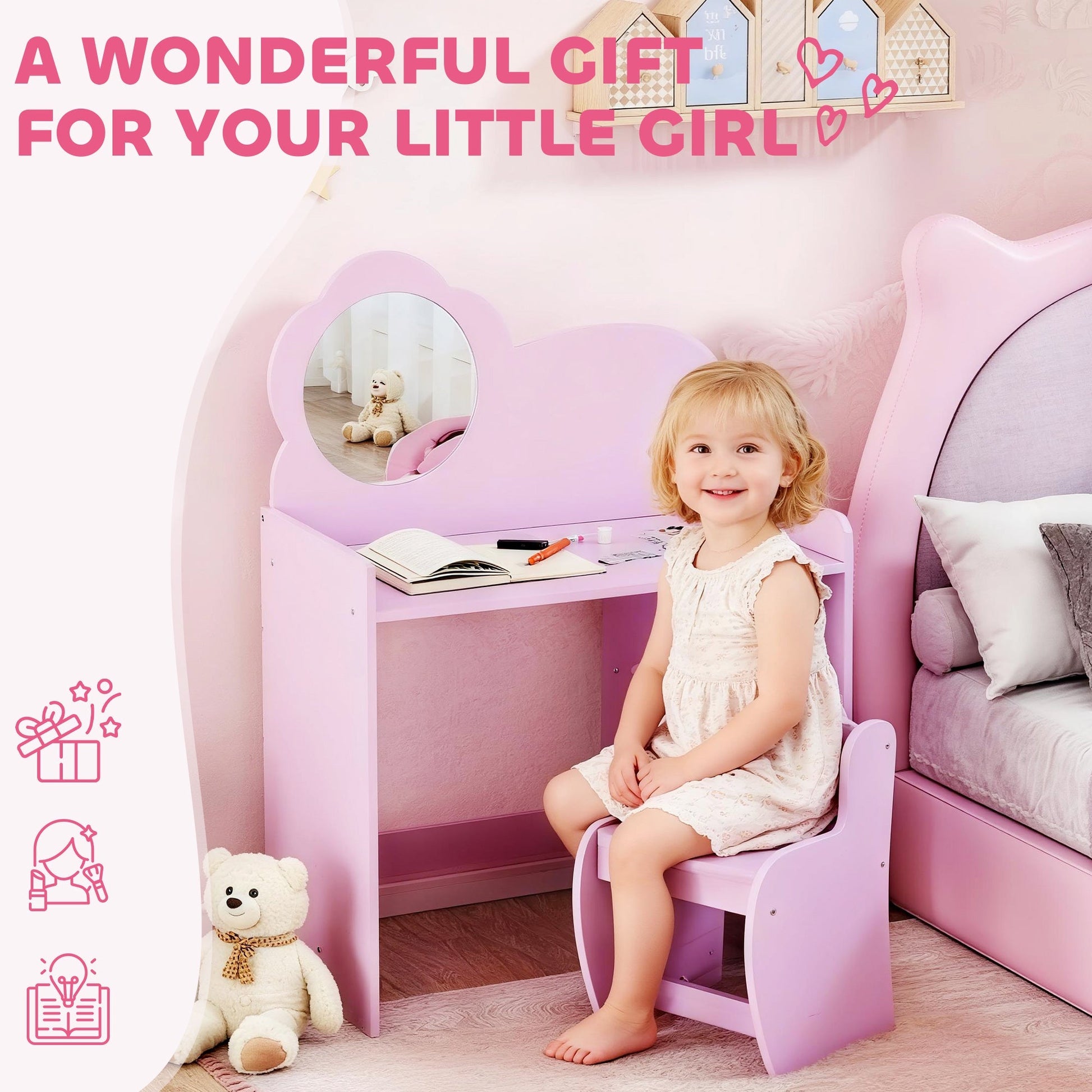 AIYAPLAY Kids Dressing Table with Mirror, Stool, Kids Vanity Table with Shelves, for Ages 3-8 Years, Purple | Luxury Home Accessories | Heulog Glow
