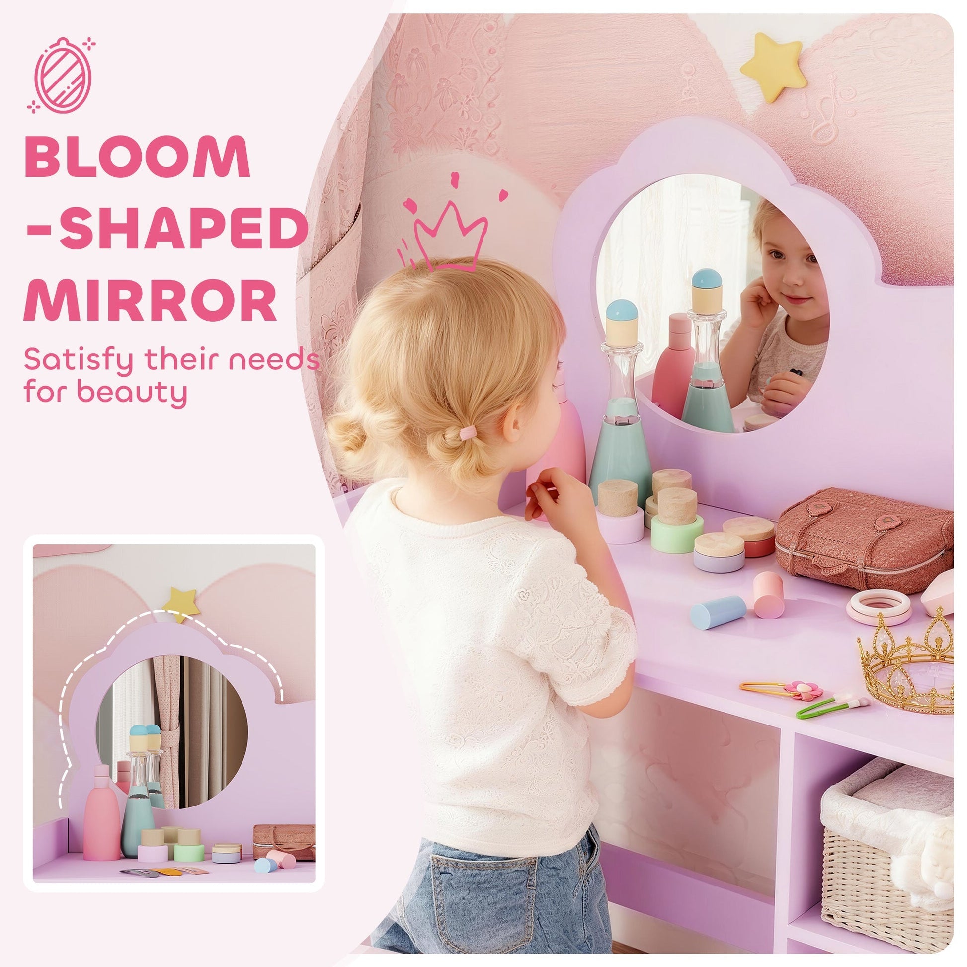 AIYAPLAY Kids Dressing Table with Mirror, Stool, Kids Vanity Table with Shelves, for Ages 3-8 Years, Purple | Luxury Home Accessories | Heulog Glow