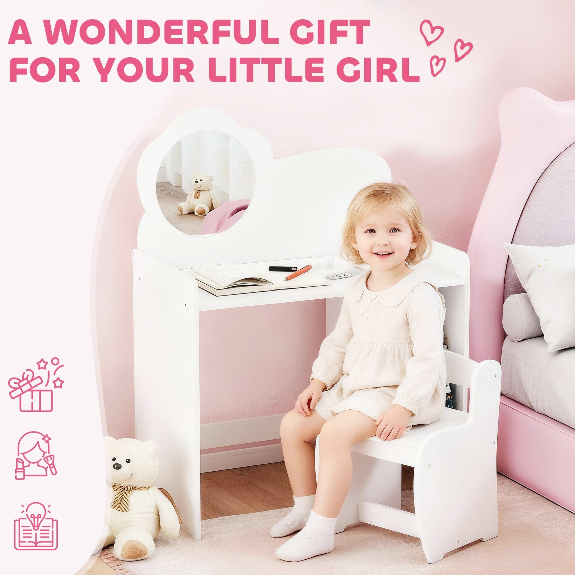 AIYAPLAY Kids Dressing Table with Mirror, Stool, Kids Vanity Table with Shelves, for Ages 3-8 Years, White | Luxury Home Accessories | Heulog Glow
