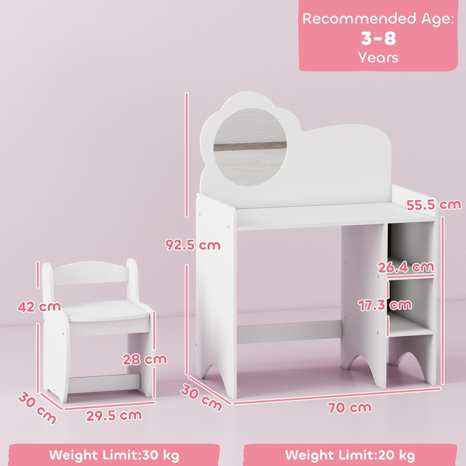 AIYAPLAY Kids Dressing Table with Mirror, Stool, Kids Vanity Table with Shelves, for Ages 3-8 Years, White | Luxury Home Accessories | Heulog Glow