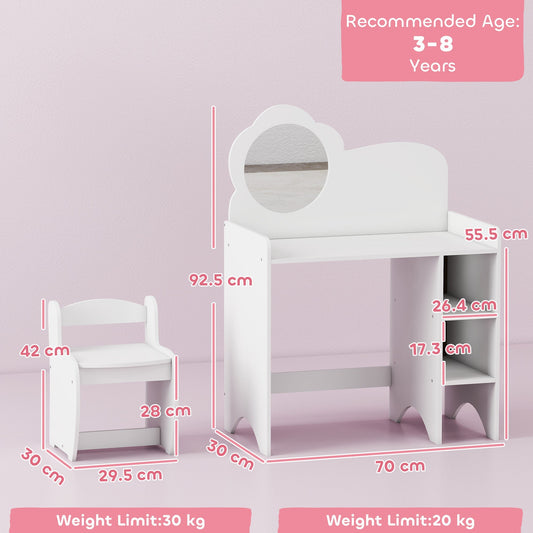 AIYAPLAY Kids Dressing Table with Mirror, Stool, Kids Vanity Table with Shelves, for Ages 3-8 Years, White | Luxury Home Accessories | Heulog Glow