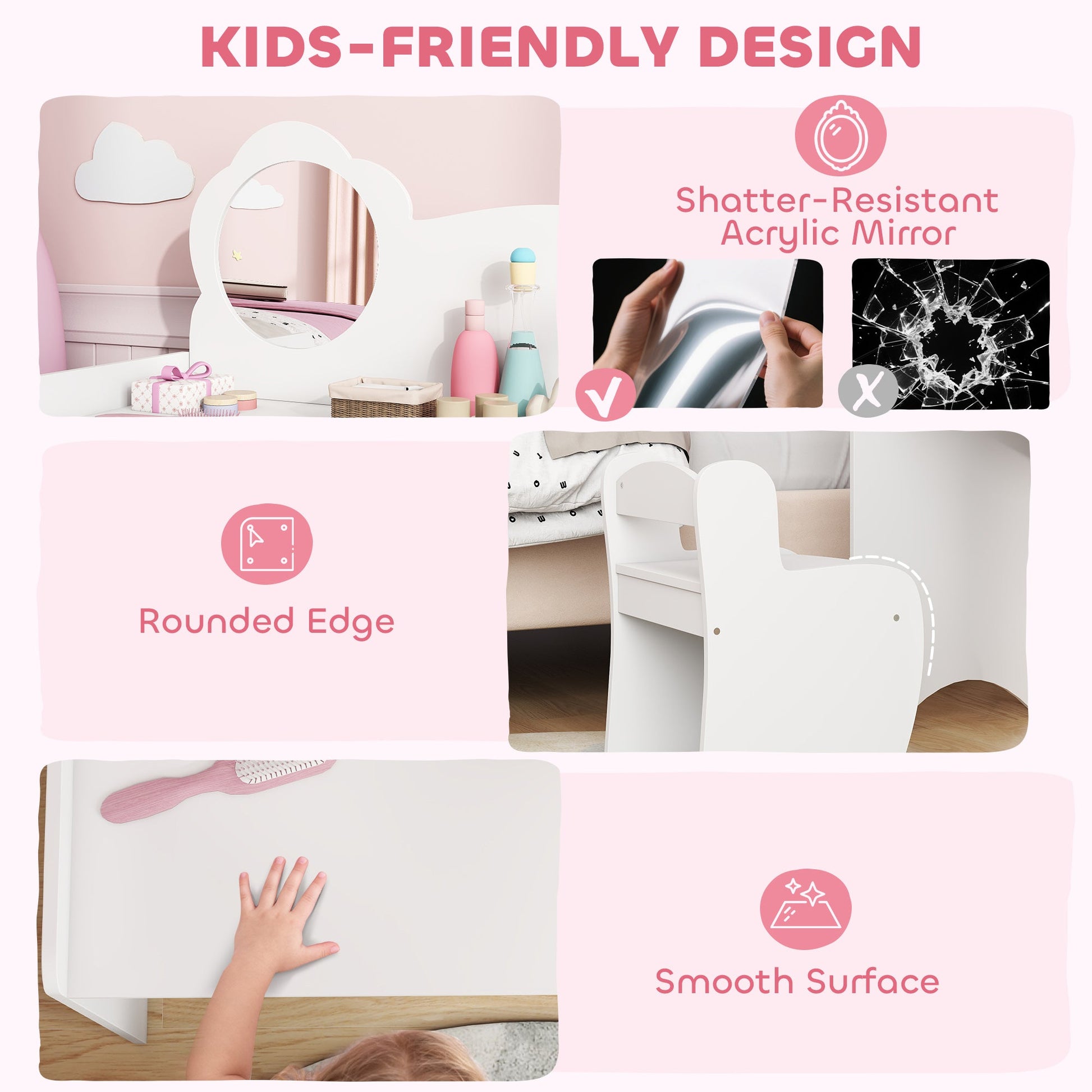 AIYAPLAY Kids Dressing Table with Mirror, Stool, Kids Vanity Table with Shelves, for Ages 3-8 Years, White | Luxury Home Accessories | Heulog Glow
