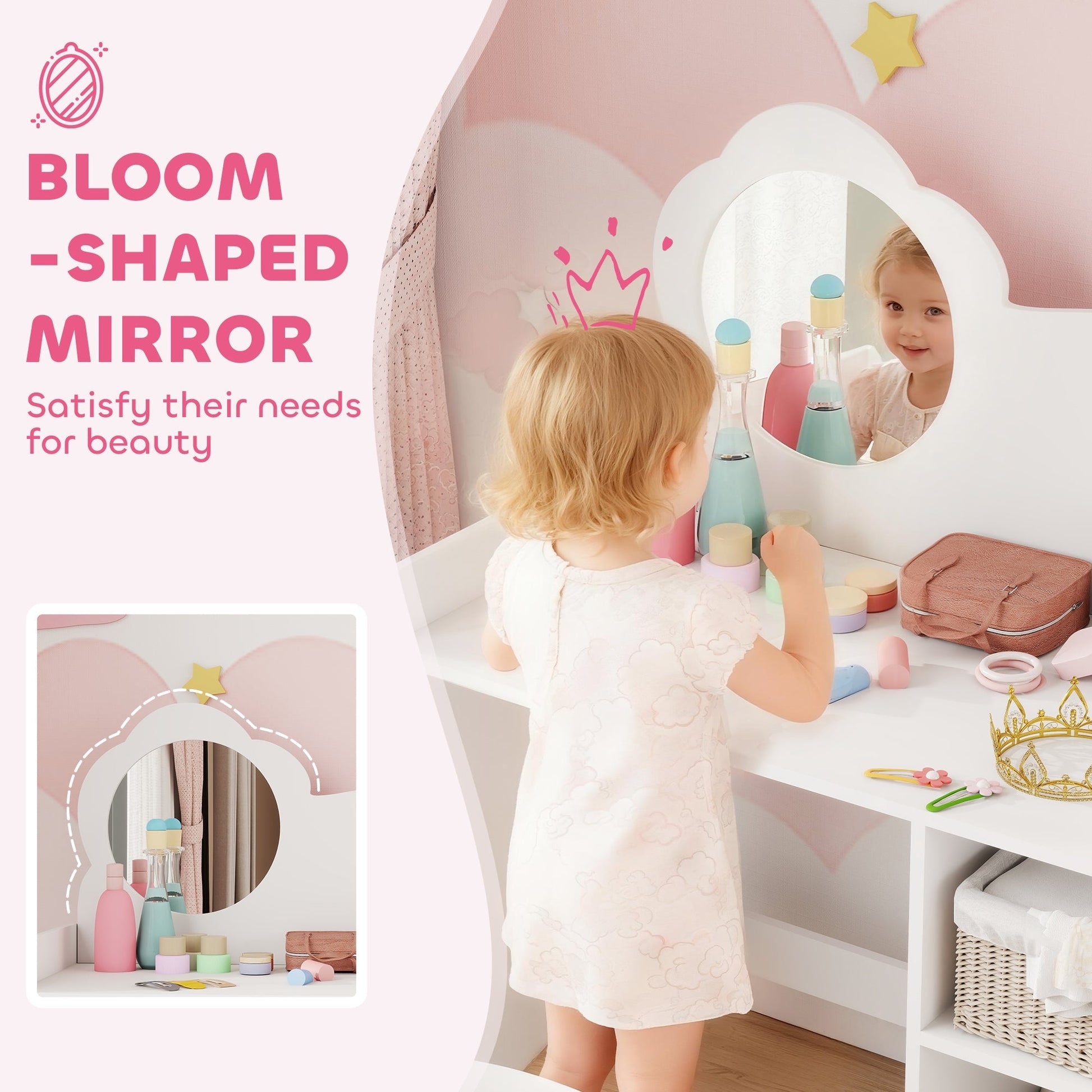 AIYAPLAY Kids Dressing Table with Mirror, Stool, Kids Vanity Table with Shelves, for Ages 3-8 Years, White | Luxury Home Accessories | Heulog Glow