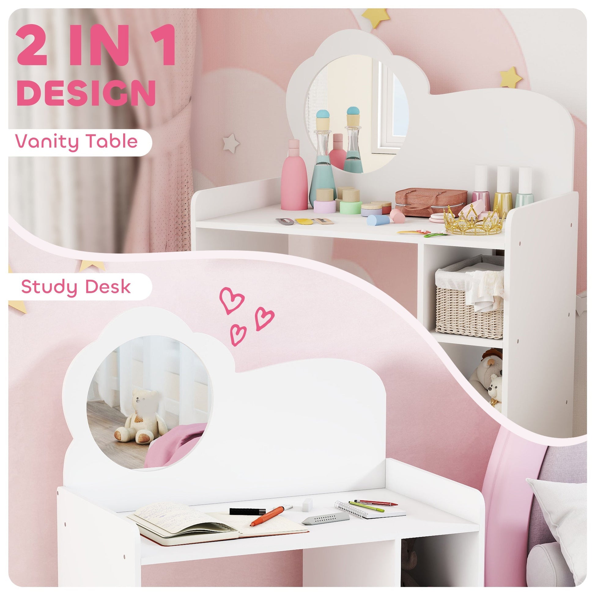 AIYAPLAY Kids Dressing Table with Mirror, Stool, Kids Vanity Table with Shelves, for Ages 3-8 Years, White | Luxury Home Accessories | Heulog Glow