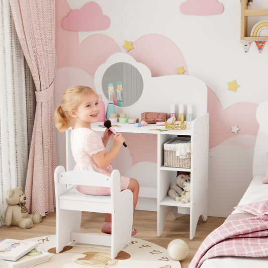 AIYAPLAY Kids Dressing Table with Mirror, Stool, Kids Vanity Table with Shelves, for Ages 3-8 Years, White | Luxury Home Accessories | Heulog Glow