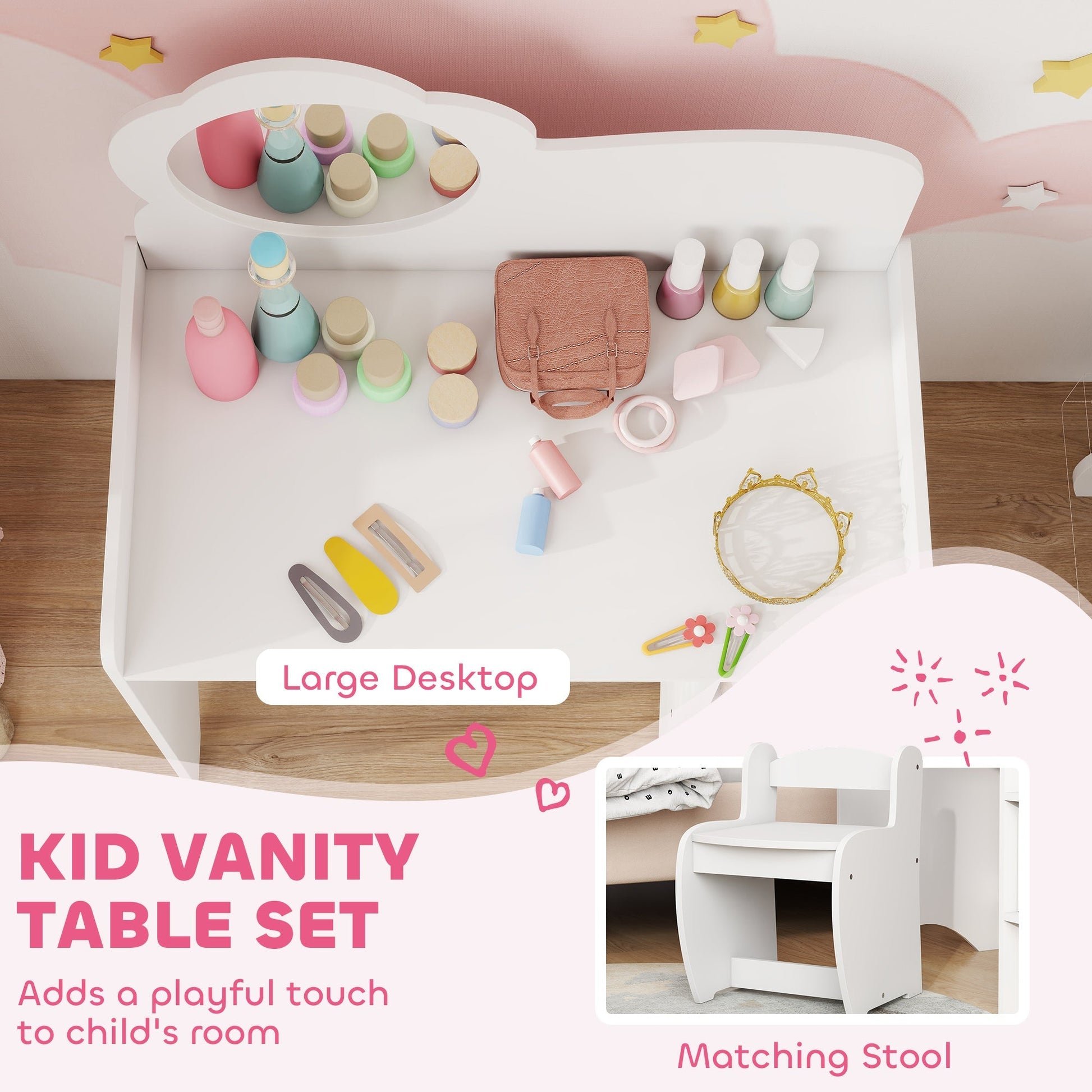 AIYAPLAY Kids Dressing Table with Mirror, Stool, Kids Vanity Table with Shelves, for Ages 3-8 Years, White | Luxury Home Accessories | Heulog Glow