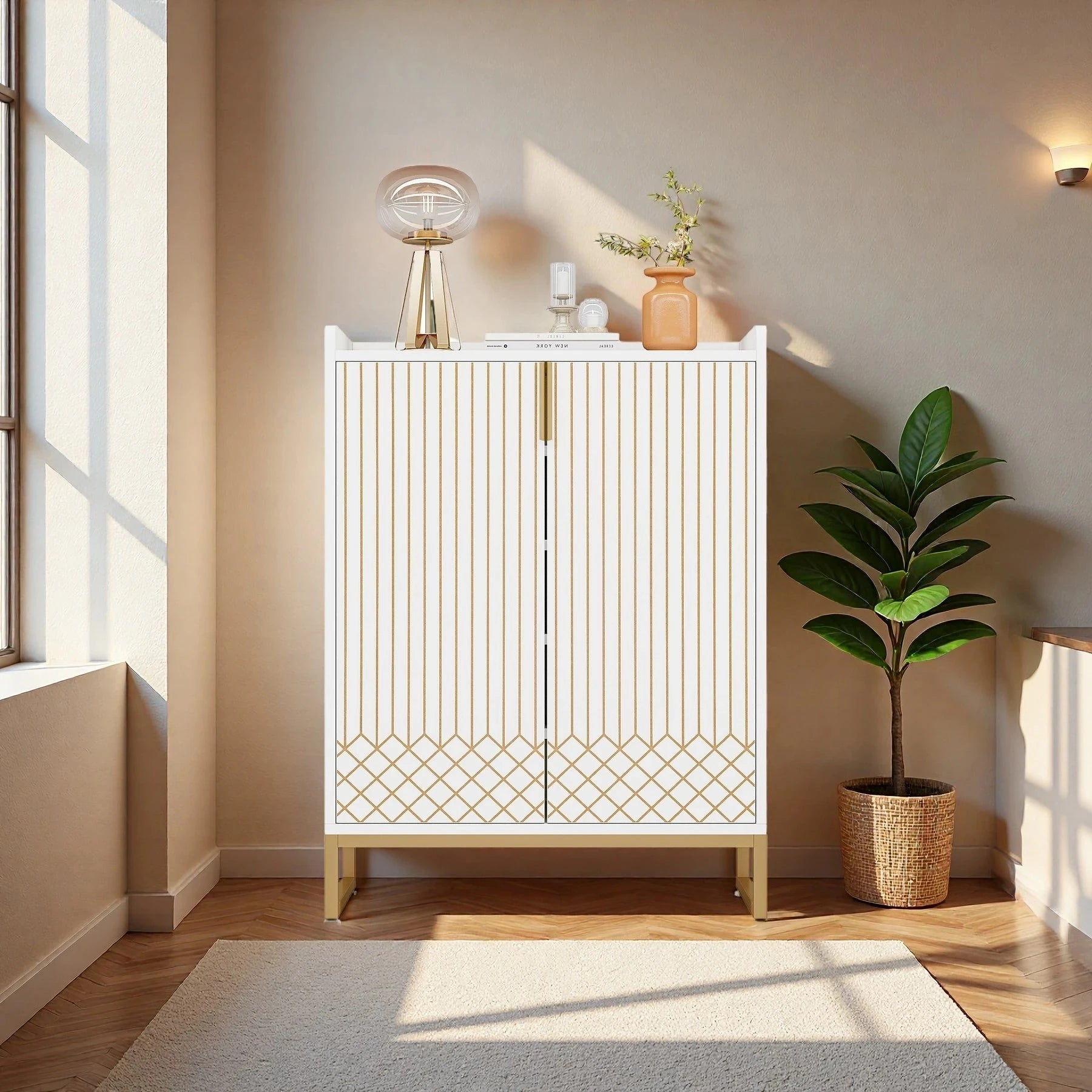 Art Deco Accent Cabinet - White & Gold Luxury Sideboard & Bar Station | Luxury Home Accessories | Heulog Glow