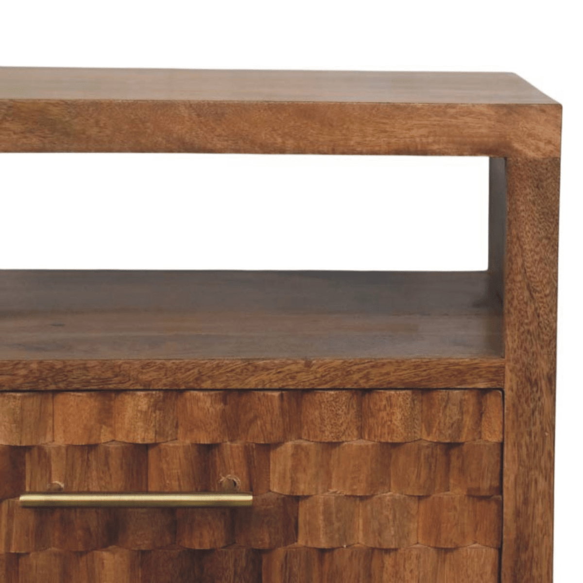 Artisan Furniture Solid Wood Arno Bedside in Golden Teak, 2 Drawers, 1 Open Slot, Beige | Luxury Home Accessories | Heulog Glow