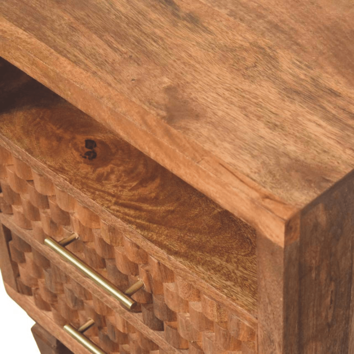 Artisan Furniture Solid Wood Arno Bedside in Golden Teak, 2 Drawers, 1 Open Slot, Beige | Luxury Home Accessories | Heulog Glow