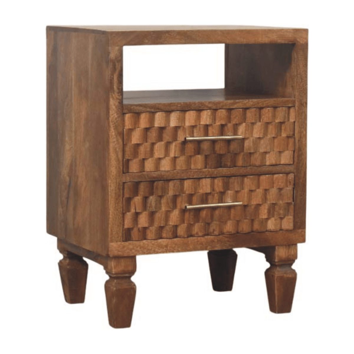 Artisan Furniture Solid Wood Arno Bedside in Golden Teak, 2 Drawers, 1 Open Slot, Beige | Luxury Home Accessories | Heulog Glow