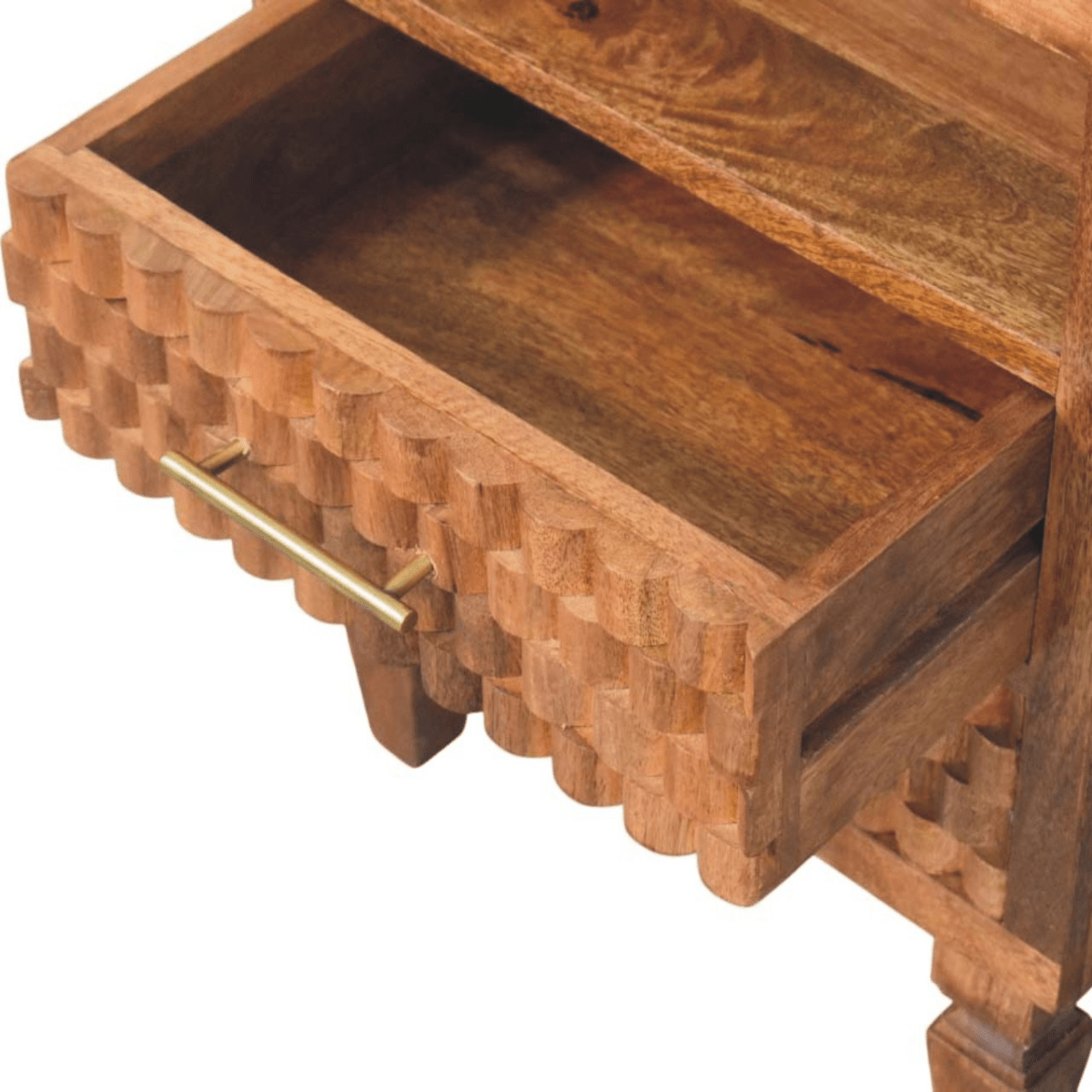 Artisan Furniture Solid Wood Arno Bedside in Golden Teak, 2 Drawers, 1 Open Slot, Beige | Luxury Home Accessories | Heulog Glow
