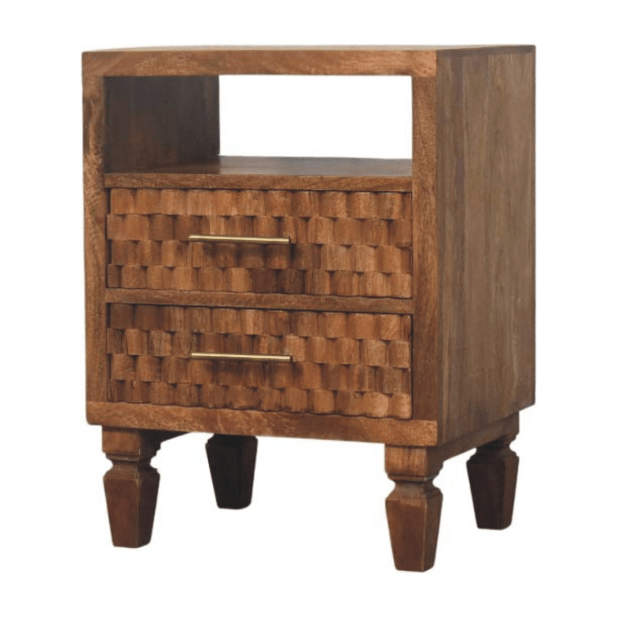 Artisan Furniture Solid Wood Arno Bedside in Golden Teak, 2 Drawers, 1 Open Slot, Beige | Luxury Home Accessories | Heulog Glow