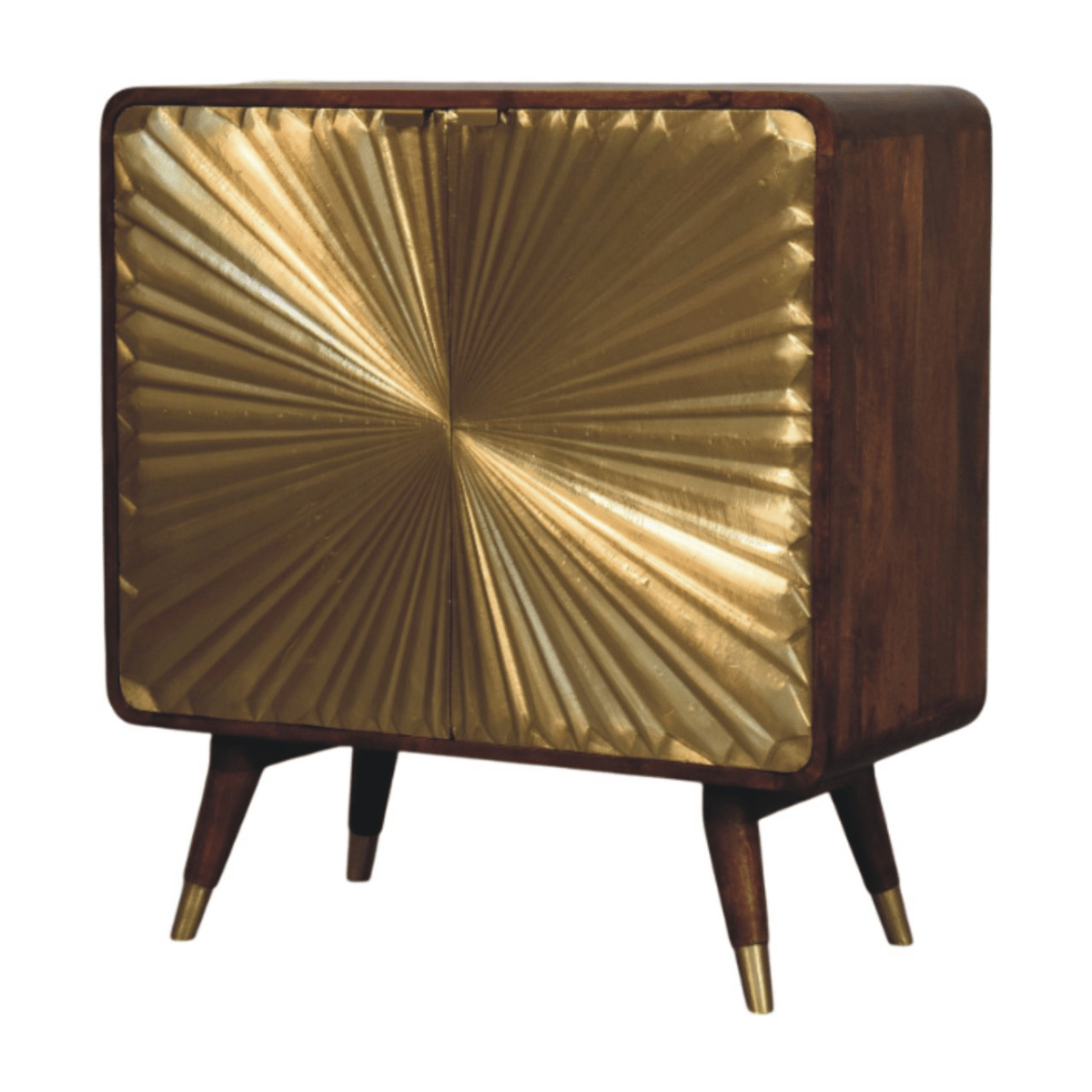 Artisan Furniture Solid Wood Avora Brass Embossed 2 Door Chestnut Cabinet, Dark Brown & Golden | Luxury Home Accessories | Heulog Glow