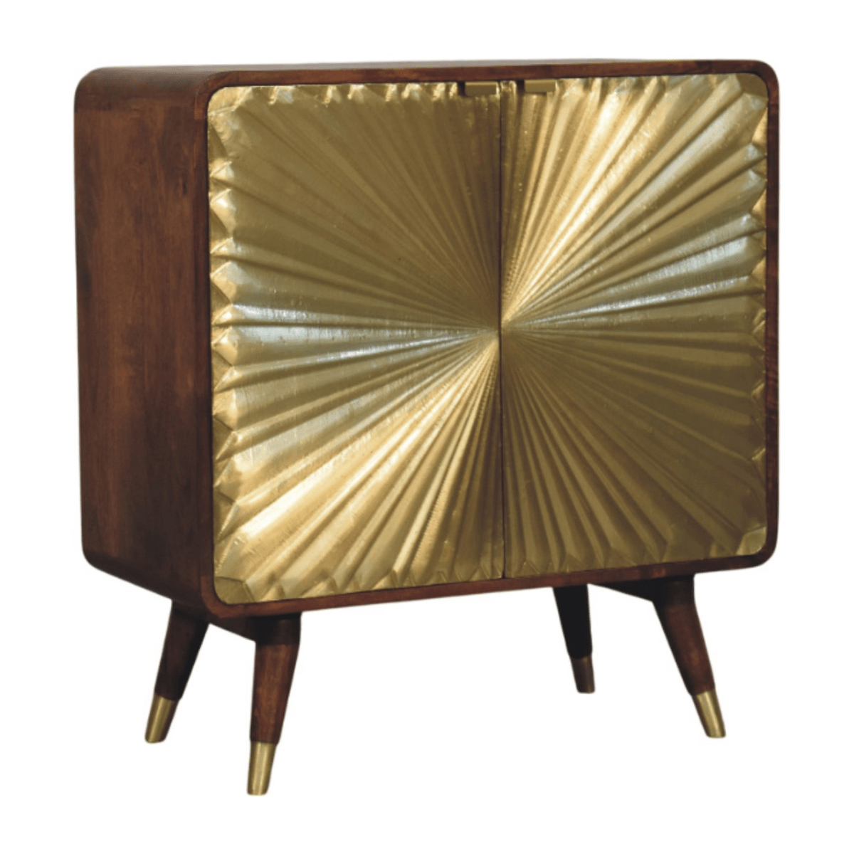 Artisan Furniture Solid Wood Avora Brass Embossed 2 Door Chestnut Cabinet, Dark Brown & Golden | Luxury Home Accessories | Heulog Glow