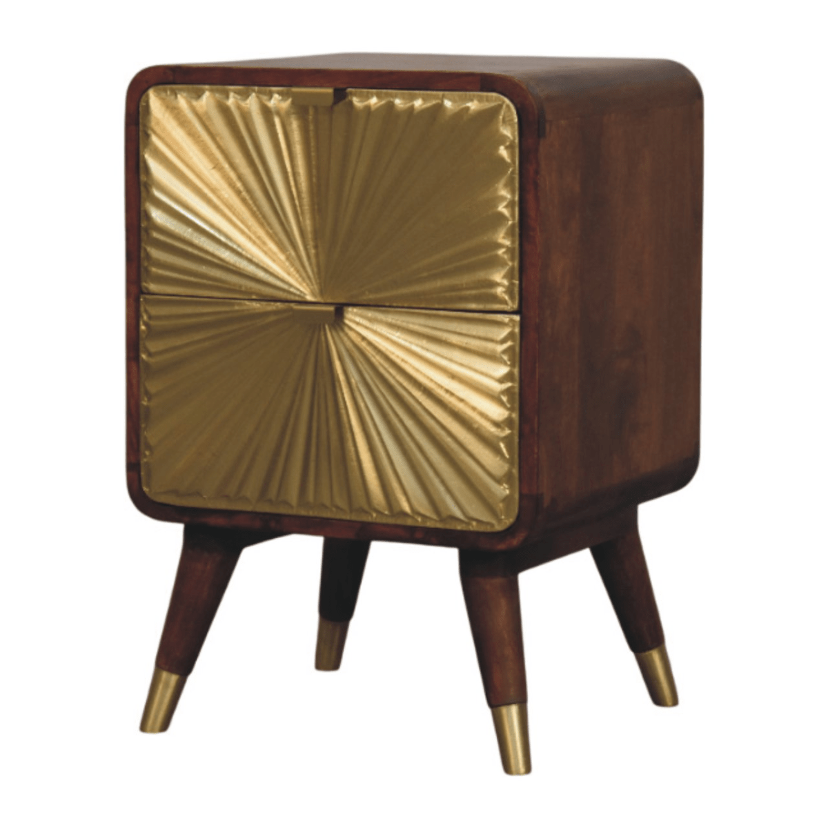 Artisan Furniture Solid Wood Avora Brass Embossed 2 Drawer Chestnut Nightstand | Luxury Home Accessories | Heulog Glow