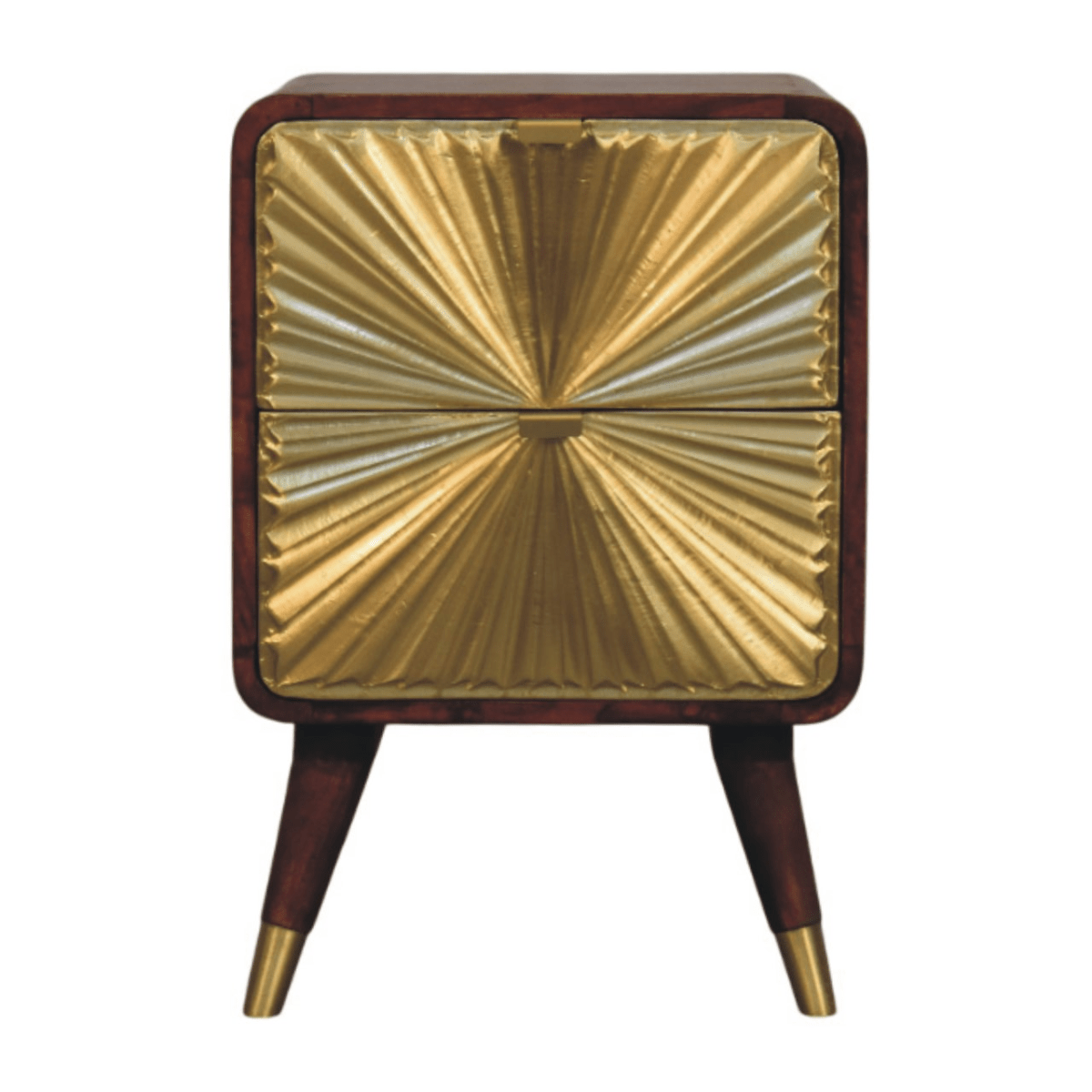 Artisan Furniture Solid Wood Avora Brass Embossed 2 Drawer Chestnut Nightstand | Luxury Home Accessories | Heulog Glow
