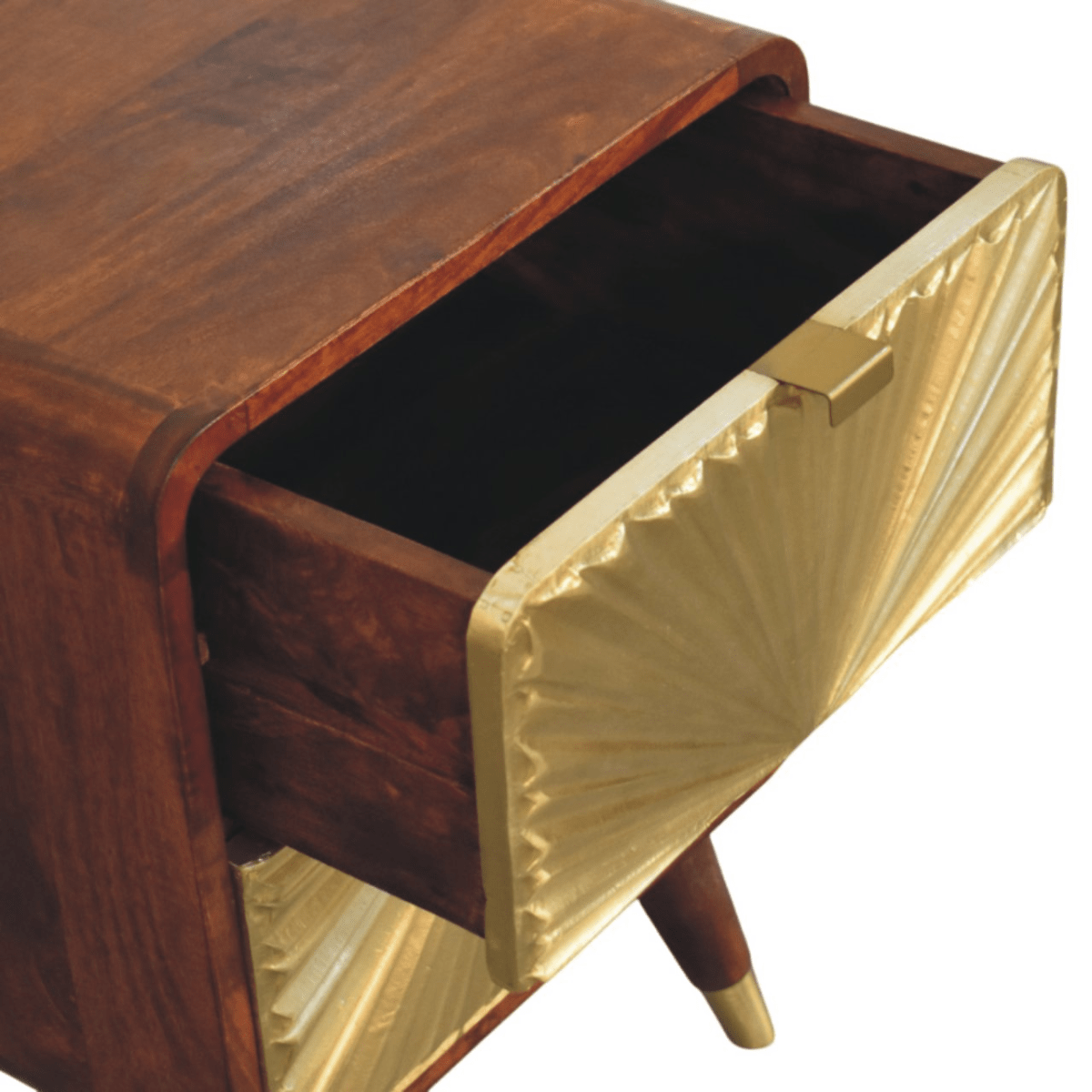 Artisan Furniture Solid Wood Avora Brass Embossed 2 Drawer Chestnut Nightstand | Luxury Home Accessories | Heulog Glow