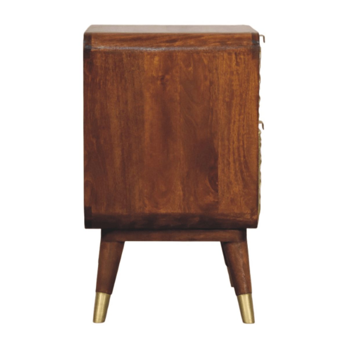 Artisan Furniture Solid Wood Avora Brass Embossed 2 Drawer Chestnut Nightstand | Luxury Home Accessories | Heulog Glow