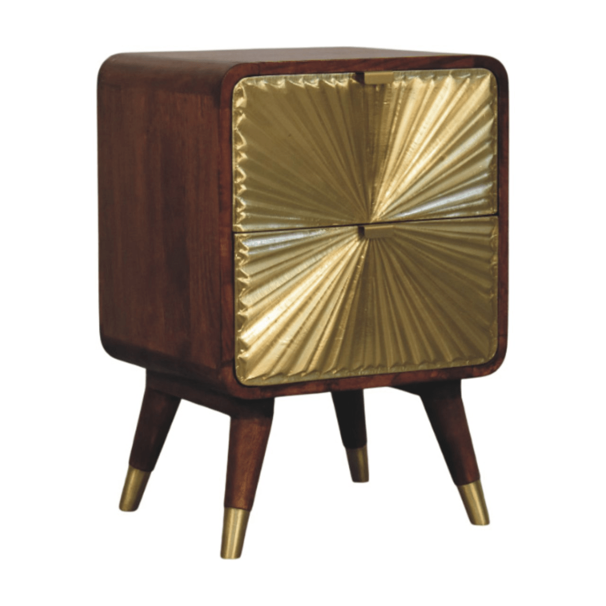 Artisan Furniture Solid Wood Avora Brass Embossed 2 Drawer Chestnut Nightstand | Luxury Home Accessories | Heulog Glow