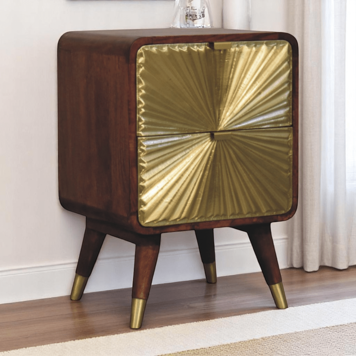 Artisan Furniture Solid Wood Avora Brass Embossed 2 Drawer Chestnut Nightstand | Luxury Home Accessories | Heulog Glow