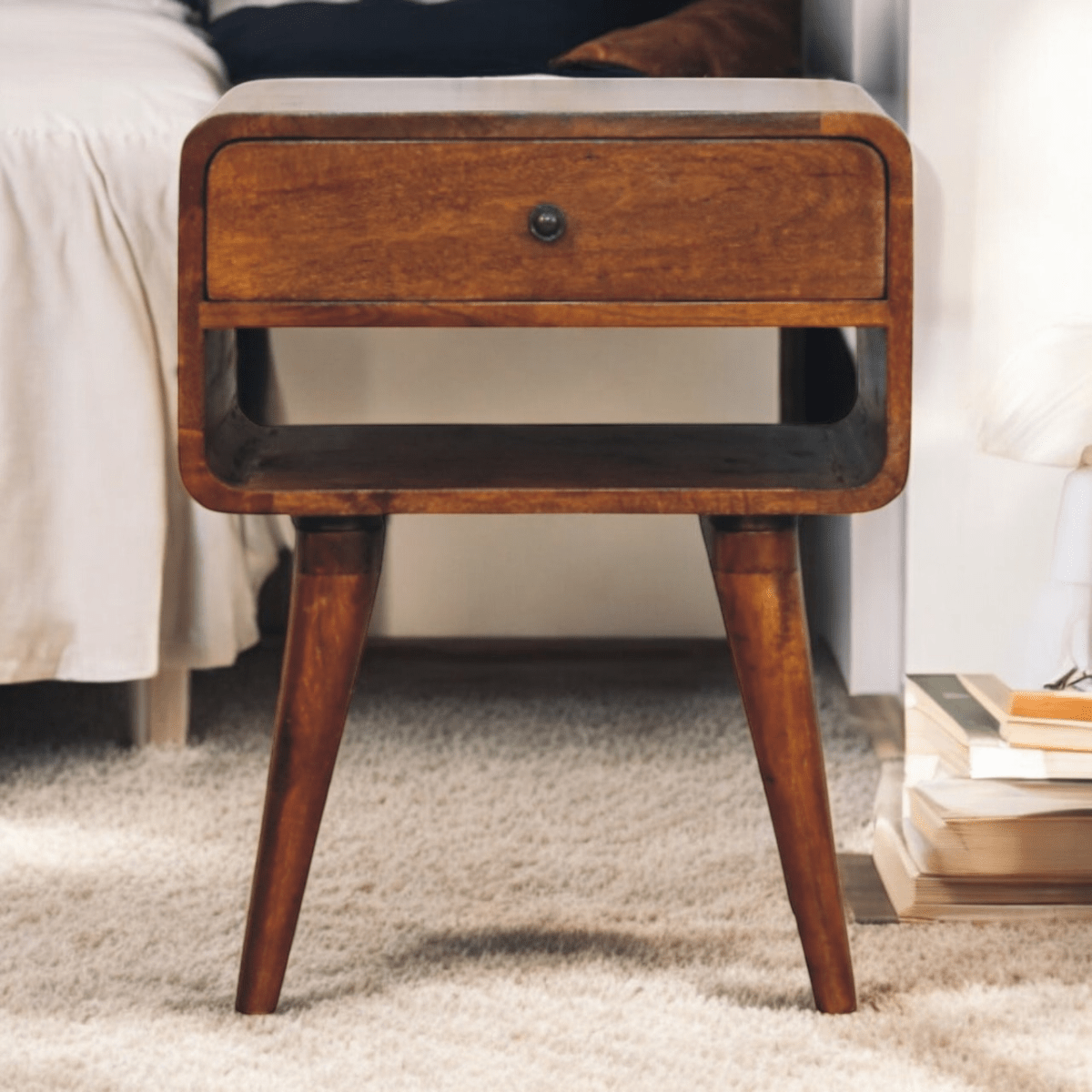 Artisan Furniture Solid Wood Avora Chestnut Nightstand with Drawer and open slot | Luxury Home Accessories | Heulog Glow
