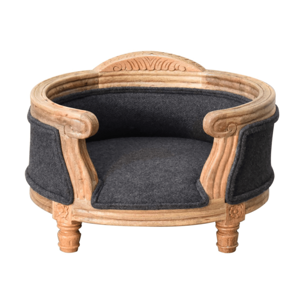 Artisan Furniture Solid Wood Carved Battleship Tweed Pet Bed | Luxury Home Accessories | Heulog Glow