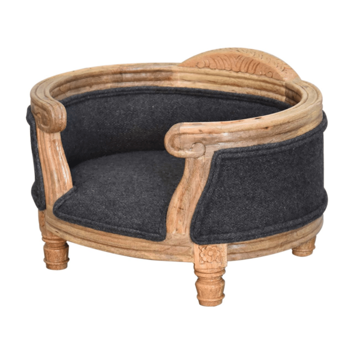 Artisan Furniture Solid Wood Carved Battleship Tweed Pet Bed | Luxury Home Accessories | Heulog Glow