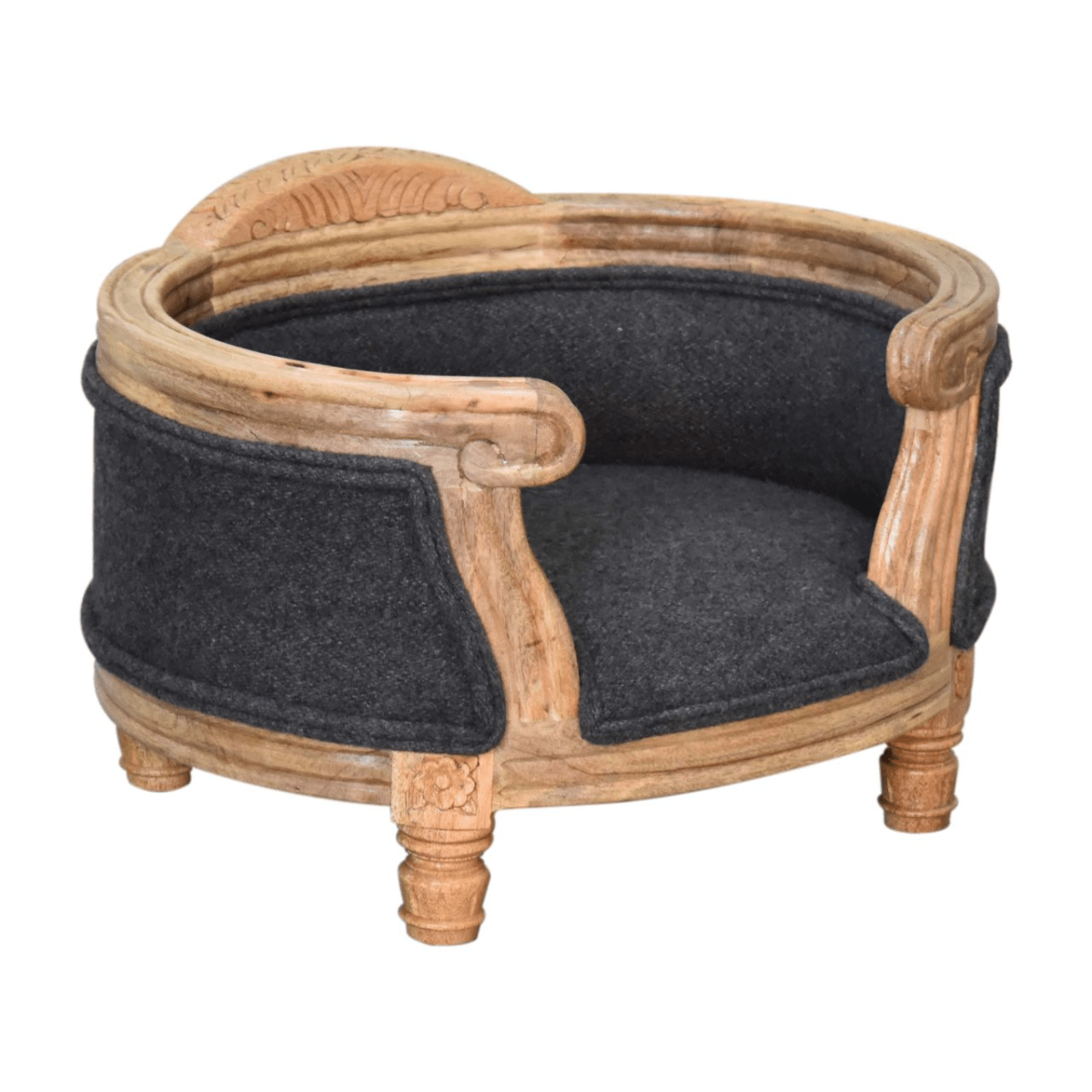 Artisan Furniture Solid Wood Carved Battleship Tweed Pet Bed | Luxury Home Accessories | Heulog Glow