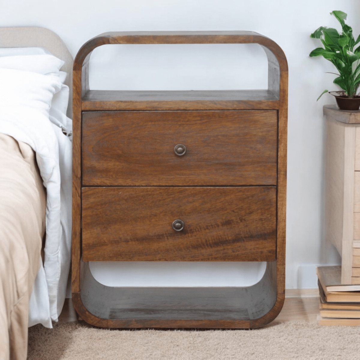 Artisan Furniture Solid Wood Chestnut Curve 2 Drawer Bedside | Luxury Home Accessories | Heulog Glow