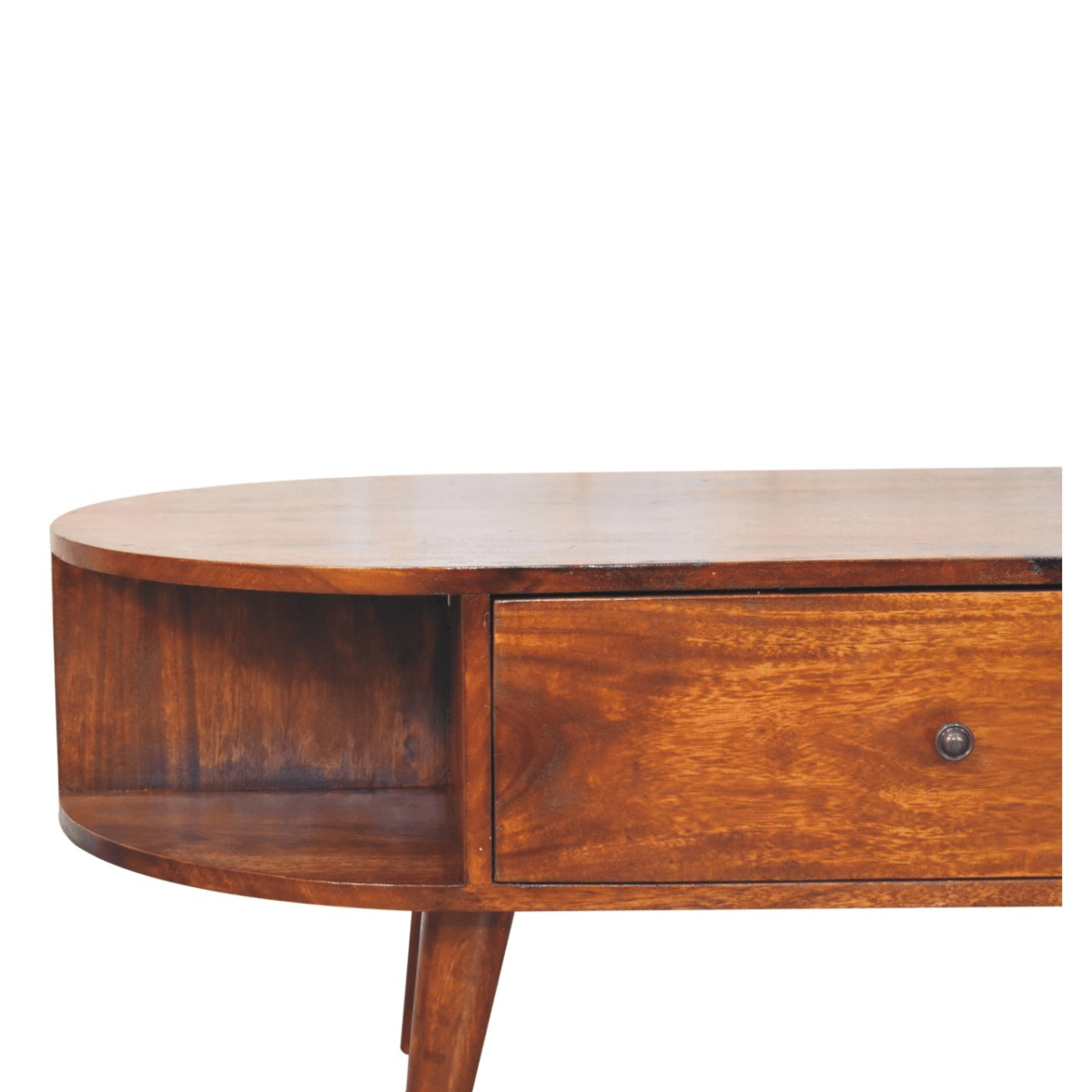 Artisan Furniture Solid Wood Chestnut Oval Coffee Table, 1 Drawer and 2 Open Slots, Dark Brown | Luxury Home Accessories | Heulog Glow