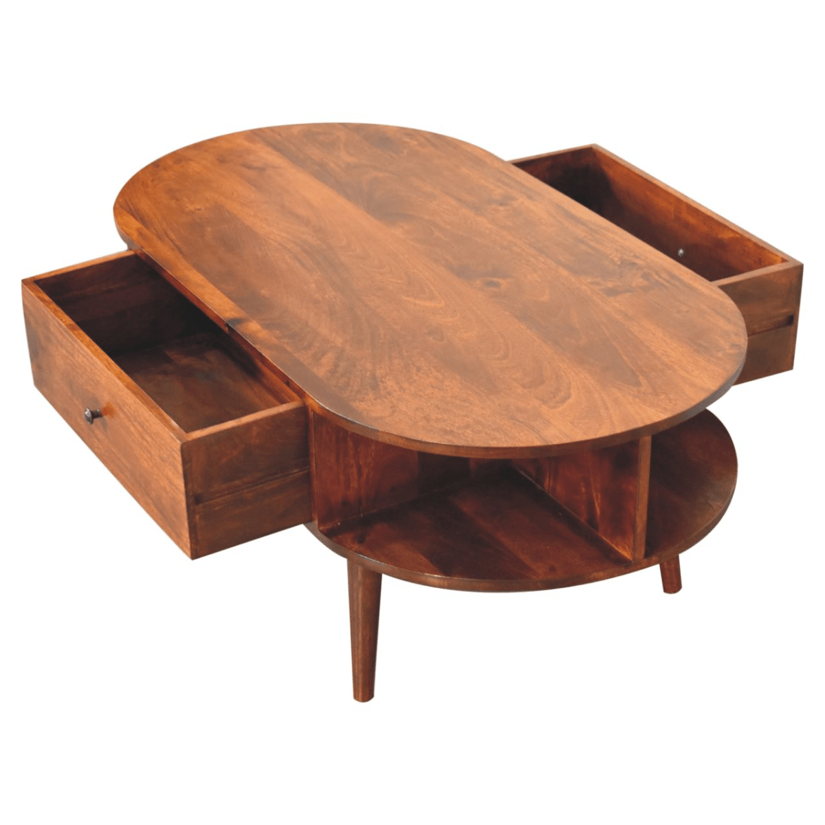 Artisan Furniture Solid Wood Chestnut Oval Coffee Table, 1 Drawer and 2 Open Slots, Dark Brown | Luxury Home Accessories | Heulog Glow