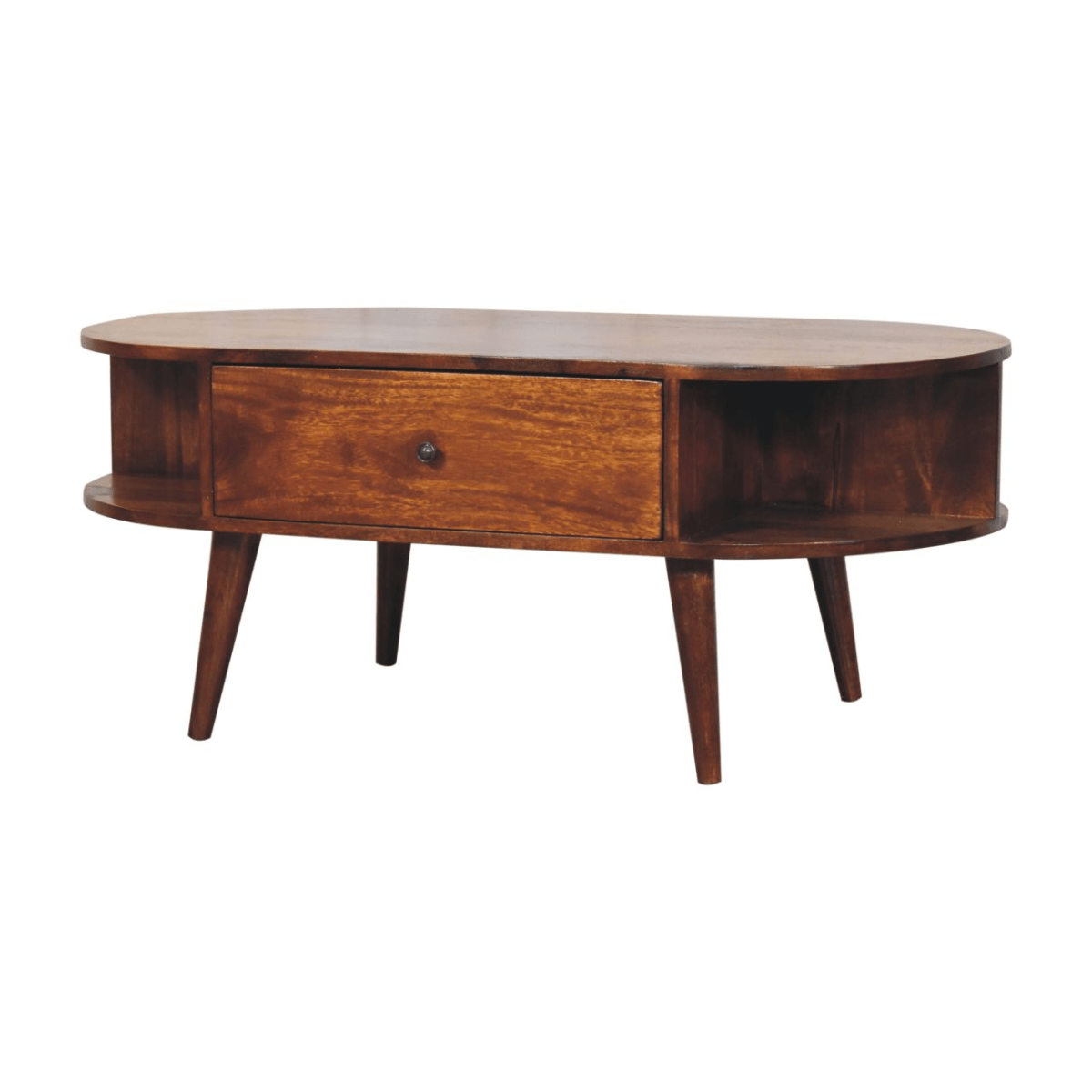 Artisan Furniture Solid Wood Chestnut Oval Coffee Table, 1 Drawer and 2 Open Slots, Dark Brown | Luxury Home Accessories | Heulog Glow