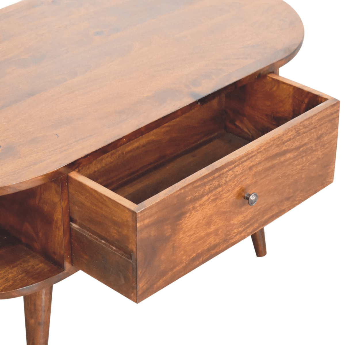 Artisan Furniture Solid Wood Chestnut Oval Coffee Table, 1 Drawer and 2 Open Slots, Dark Brown | Luxury Home Accessories | Heulog Glow