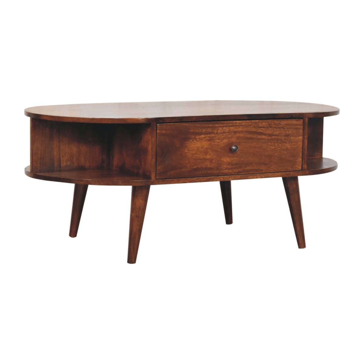 Artisan Furniture Solid Wood Chestnut Oval Coffee Table, 1 Drawer and 2 Open Slots, Dark Brown | Luxury Home Accessories | Heulog Glow